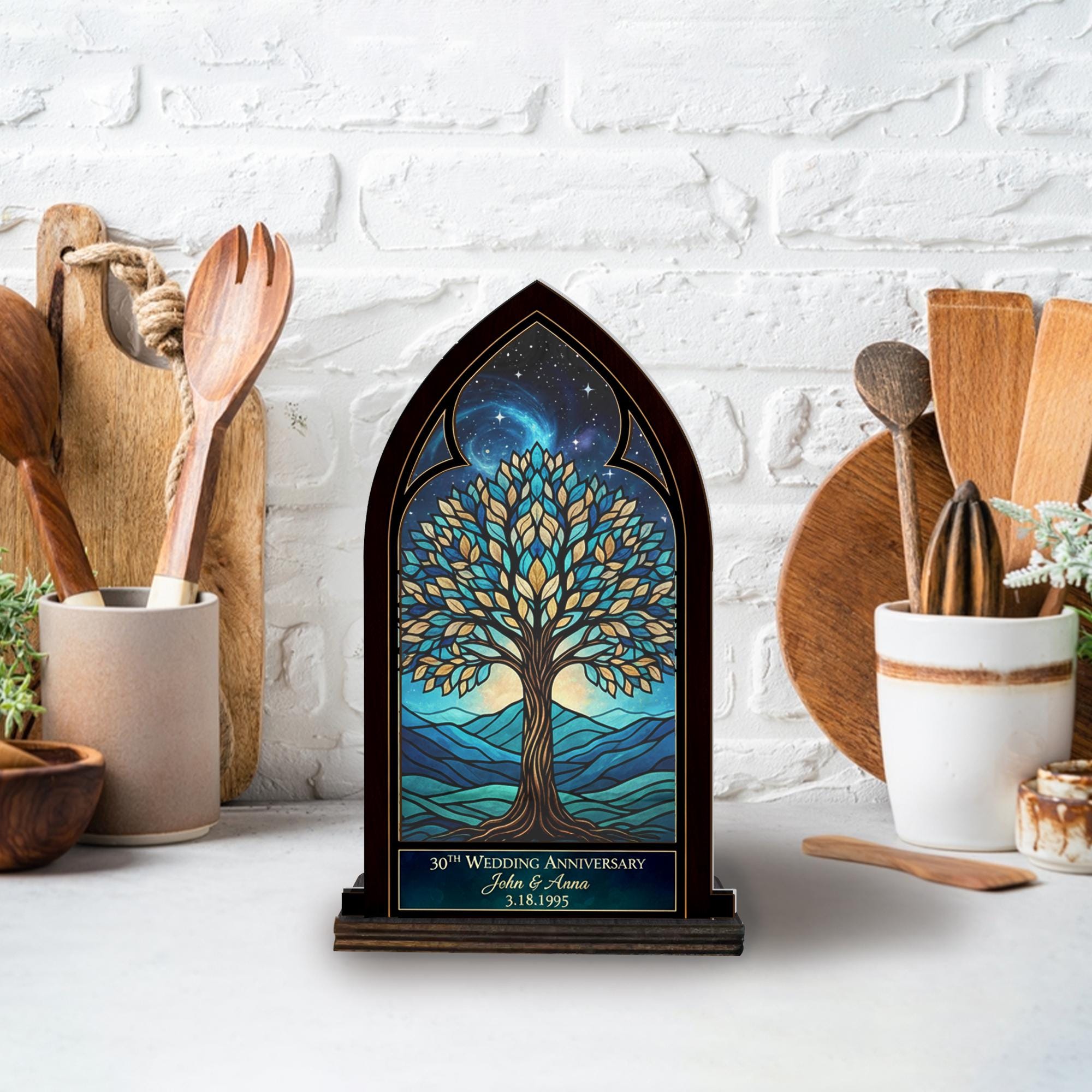 Wooden Candle Holder Arched Lantern Stand – Tree of Life Engraved Glass Panel Gift image 3