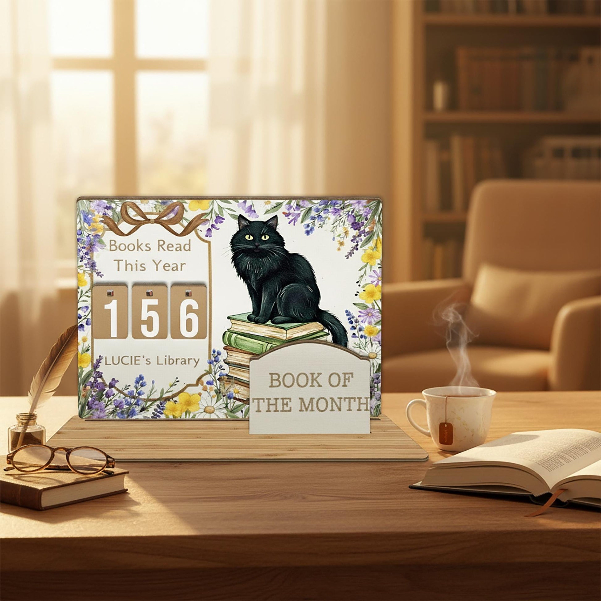 Custom Cat Book Stand with Reading Counter - Floral Library Decor for Book Lovers image 1