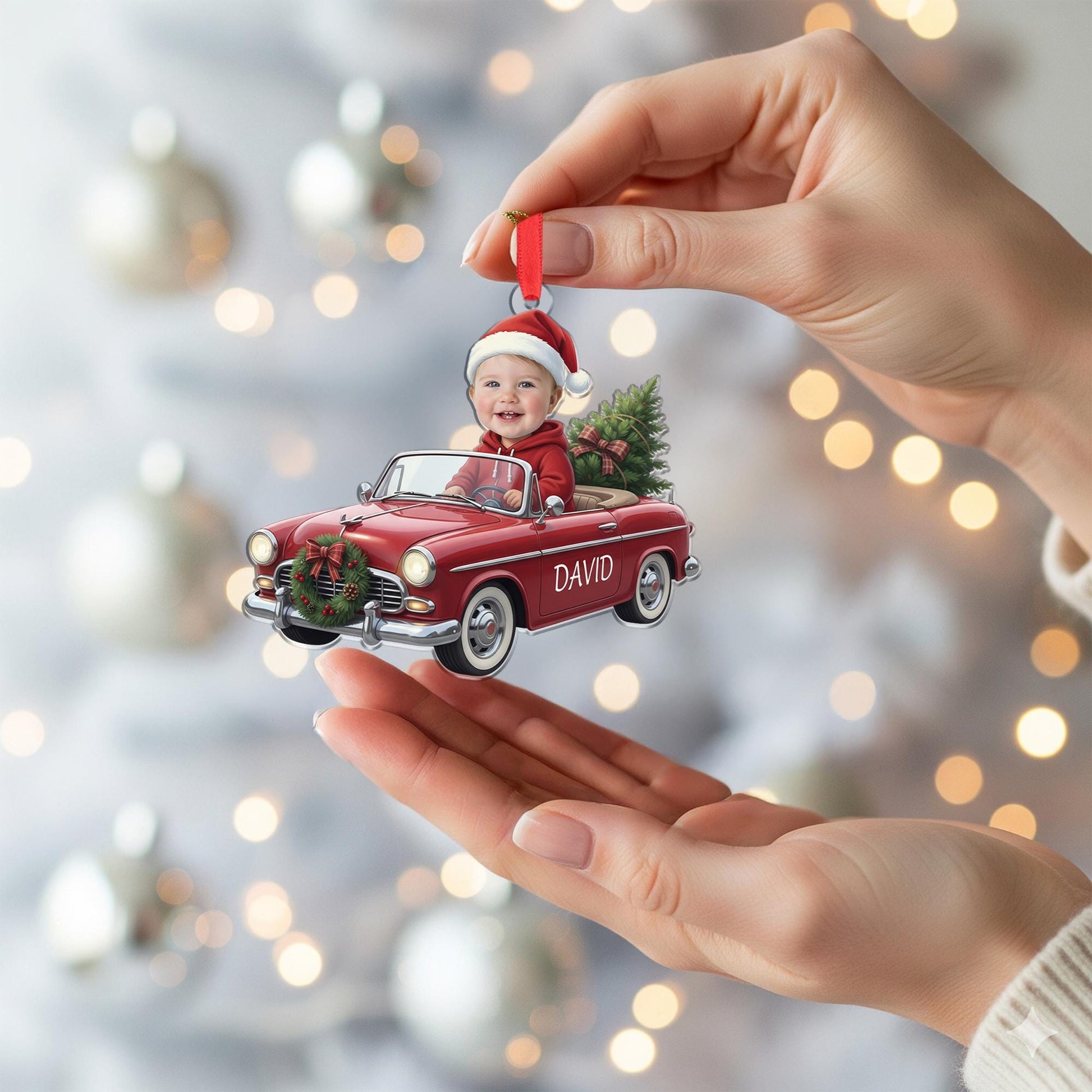 Custom Baby Photo Christmas Car Ornament: Vintage Red Car Keepsake image 3
