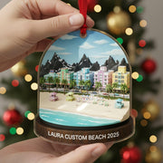 Beach Travel Ornament 2025: Personalized Adventure Trip Keepsake with Name & Destination City image 1