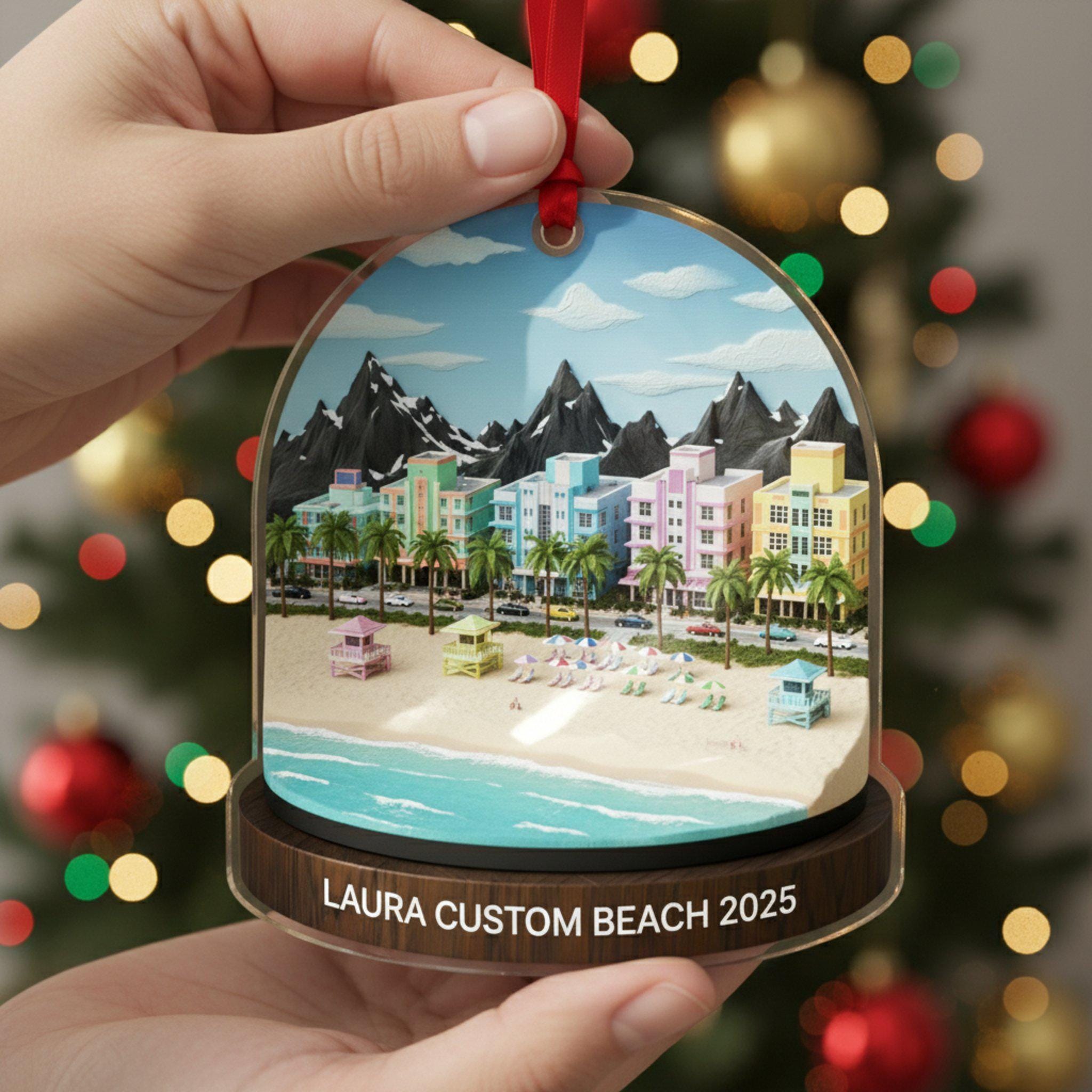 Beach Travel Ornament 2025: Personalized Adventure Trip Keepsake with Name & Destination City image 1