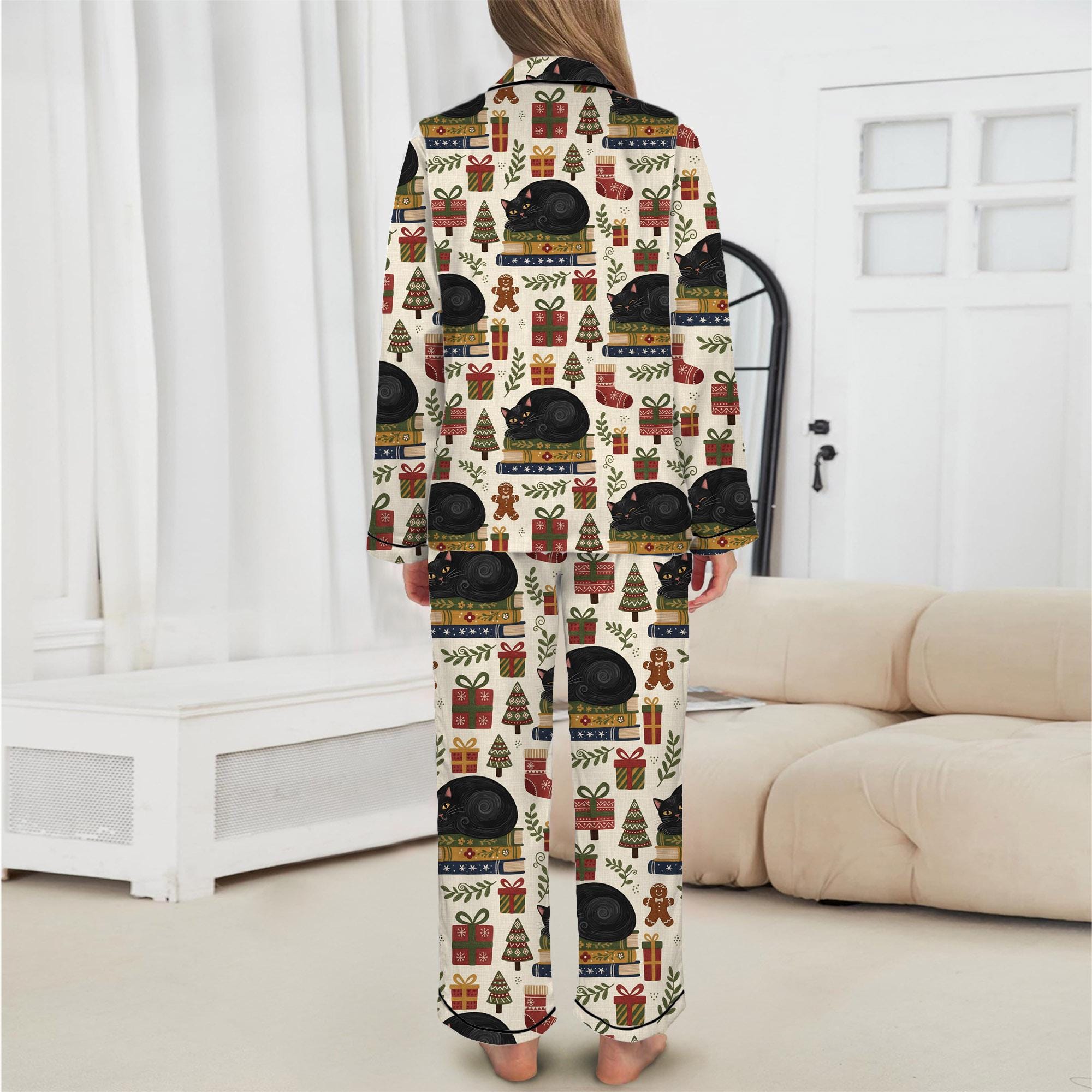 Black Cat Christmas Pajama Set: Satin Sleepwear for Book Lovers image 3
