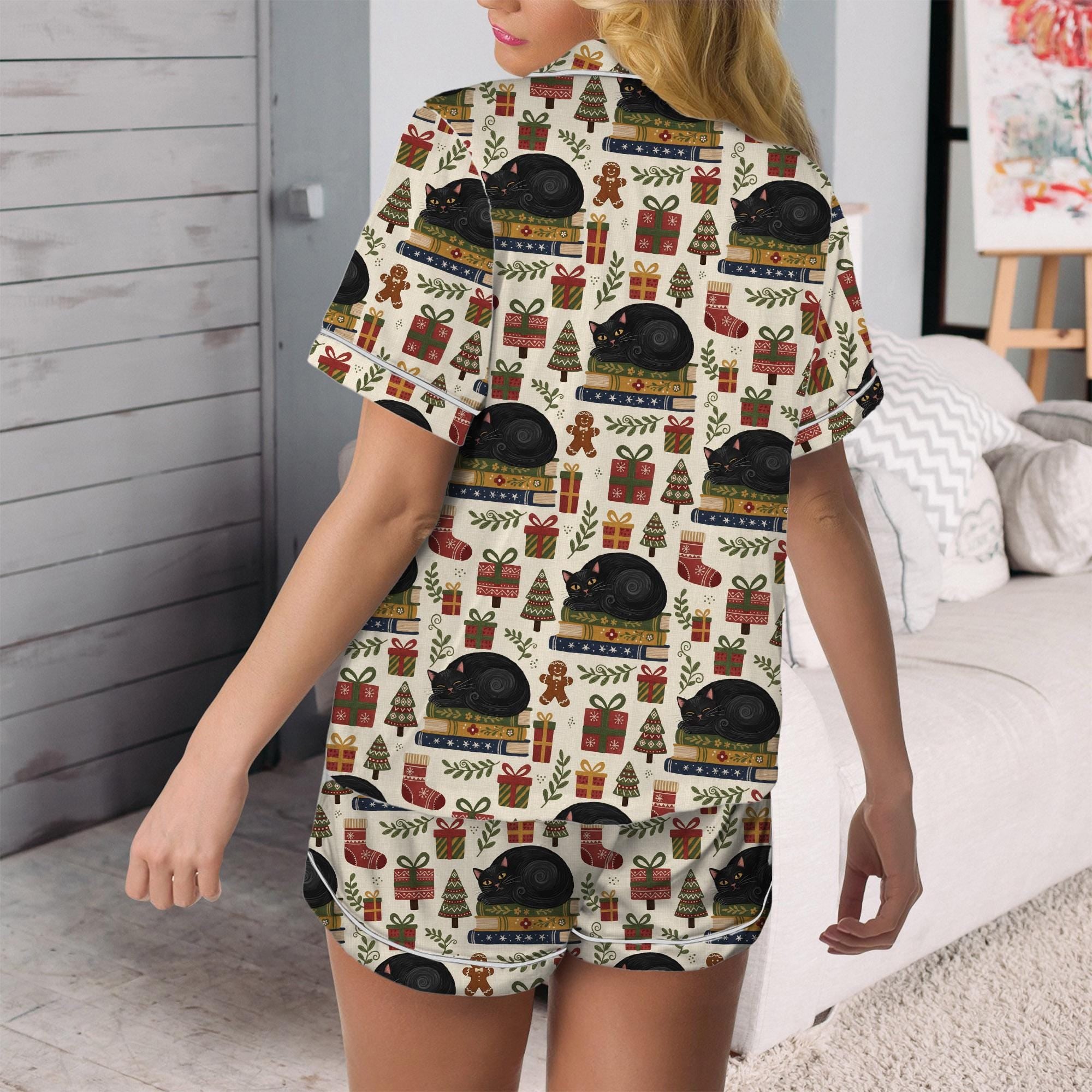 Black Cat Christmas Pajama Set: Satin Sleepwear for Book Lovers image 5