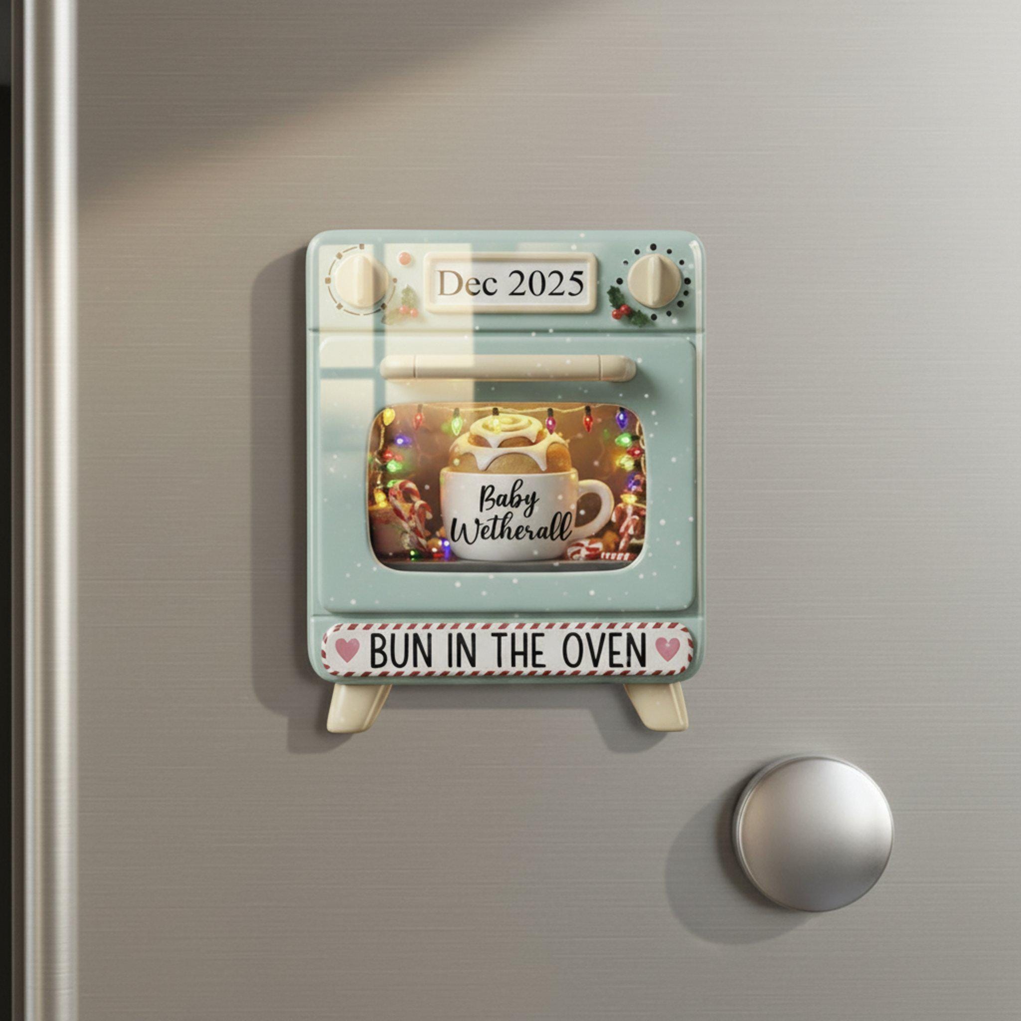 Custom Baby Name Bun in the Oven Acrylic Magnet: Pregnancy Reveal Gift image 1