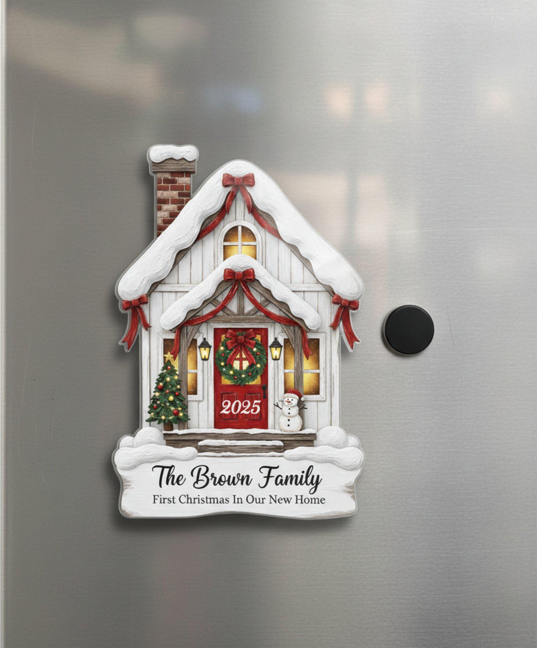 Personalized First Christmas in Our New Home 2025 Magnet: Custom Family Name Fridge Decor image 1