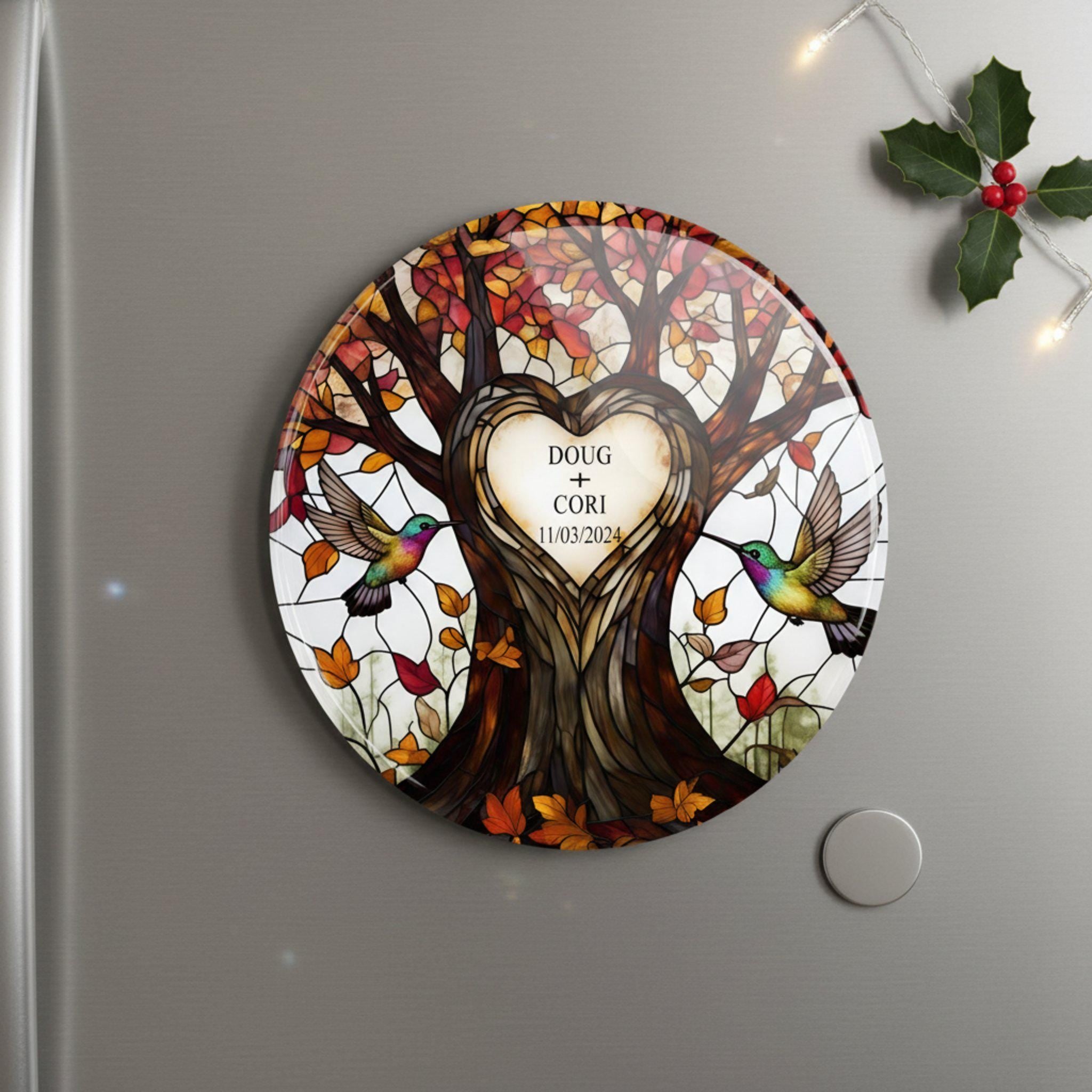 Custom Hummingbird Couple Anniversary Fridge Magnet: Personalized Wedding Gift for Couples image 1