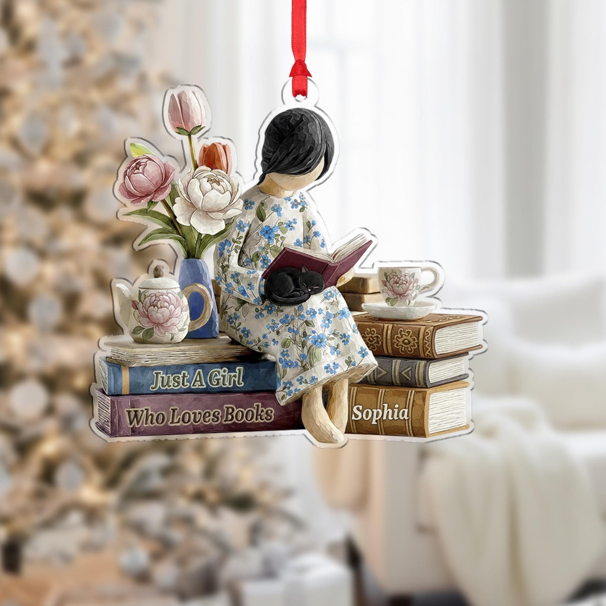 Personalized Book Lover Ornament – Reading Girl Design with Floral Details and Stack of Books image 7