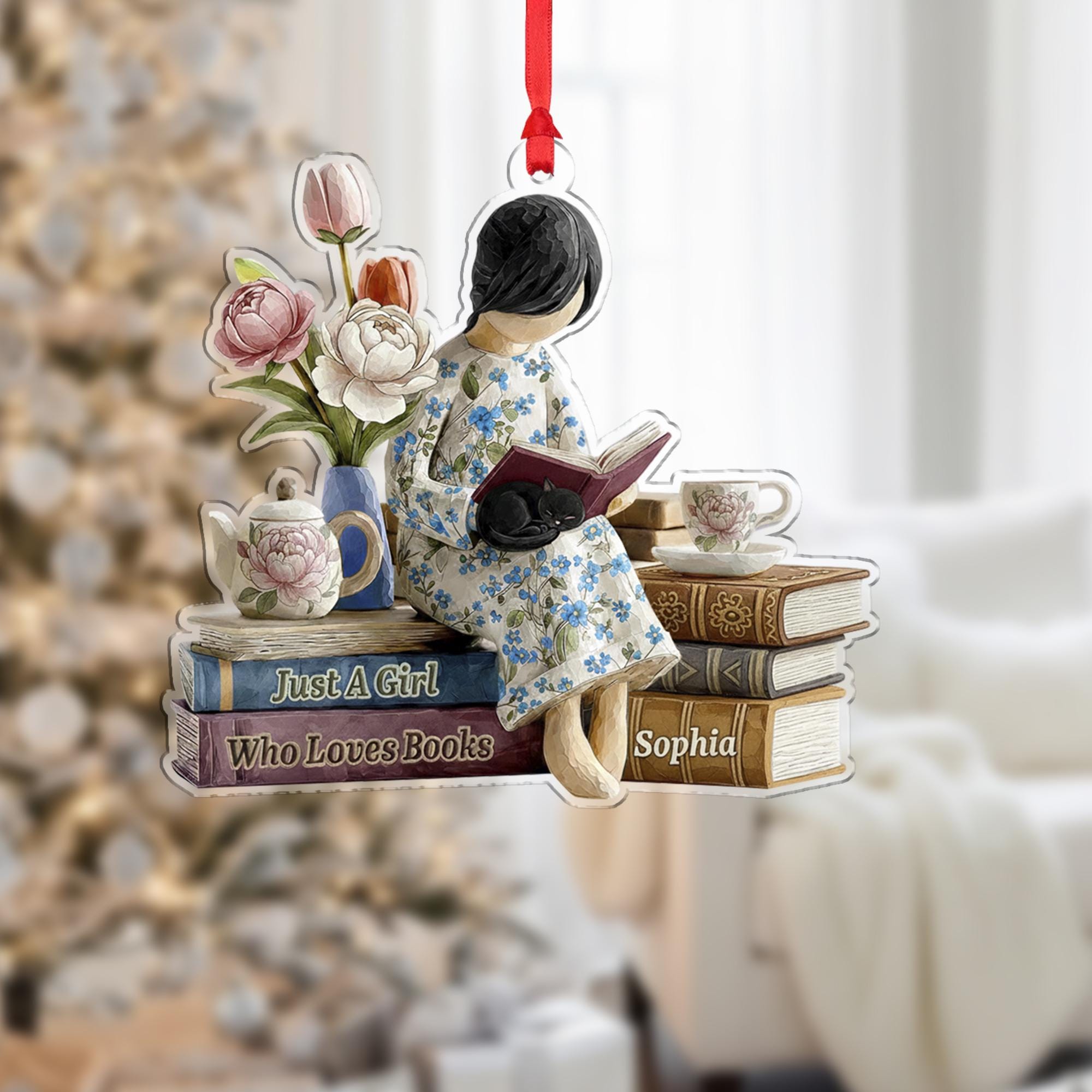 Personalized Book Lover Ornament – Reading Girl Design with Floral Details and Stack of Books image 7