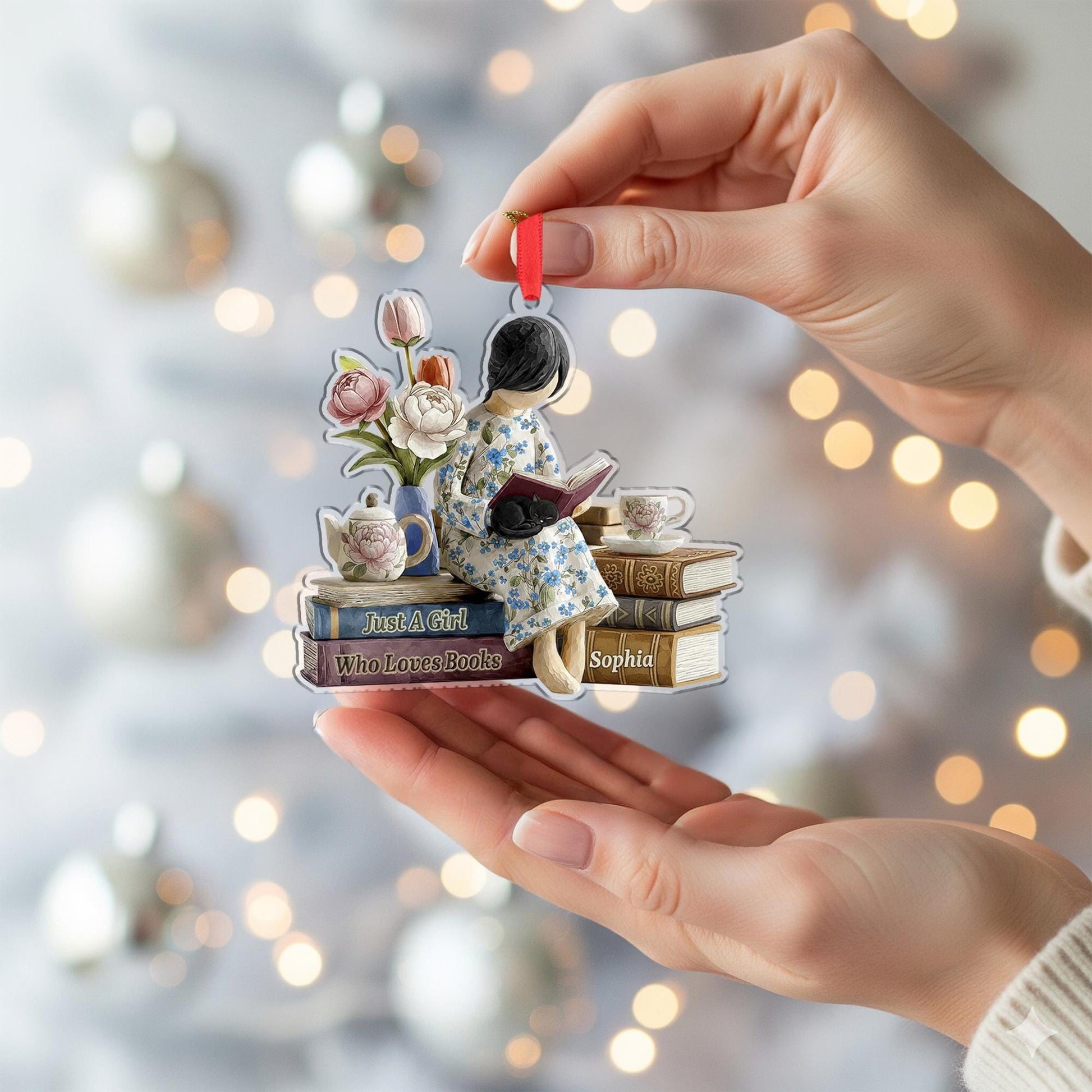 Personalized Book Lover Ornament – Reading Girl Design with Floral Details and Stack of Books image 6