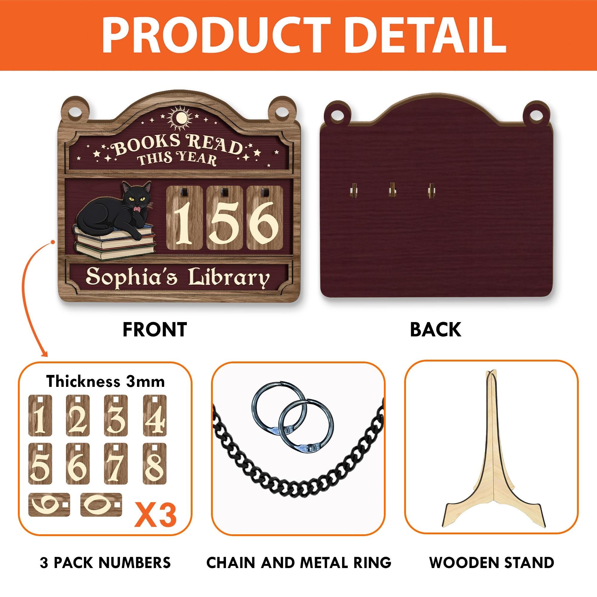 Personalized Wooden Book Tracker – Reading Log Display with Black Cat and Number Tiles image 6