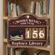 Personalized Wooden Book Tracker – Reading Log Display with Black Cat and Number Tiles image 1