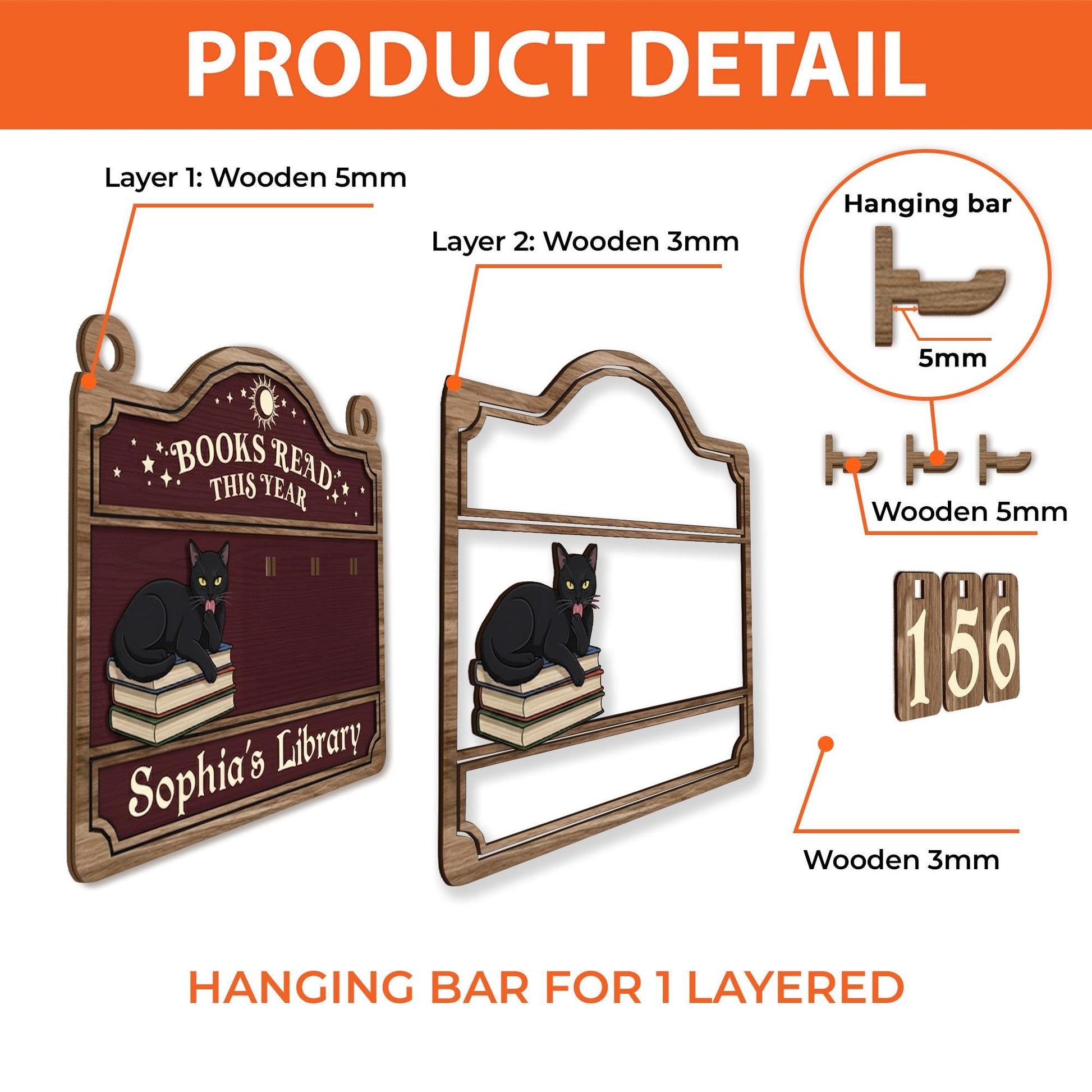 Personalized Wooden Book Tracker – Reading Log Display with Black Cat and Number Tiles image 8