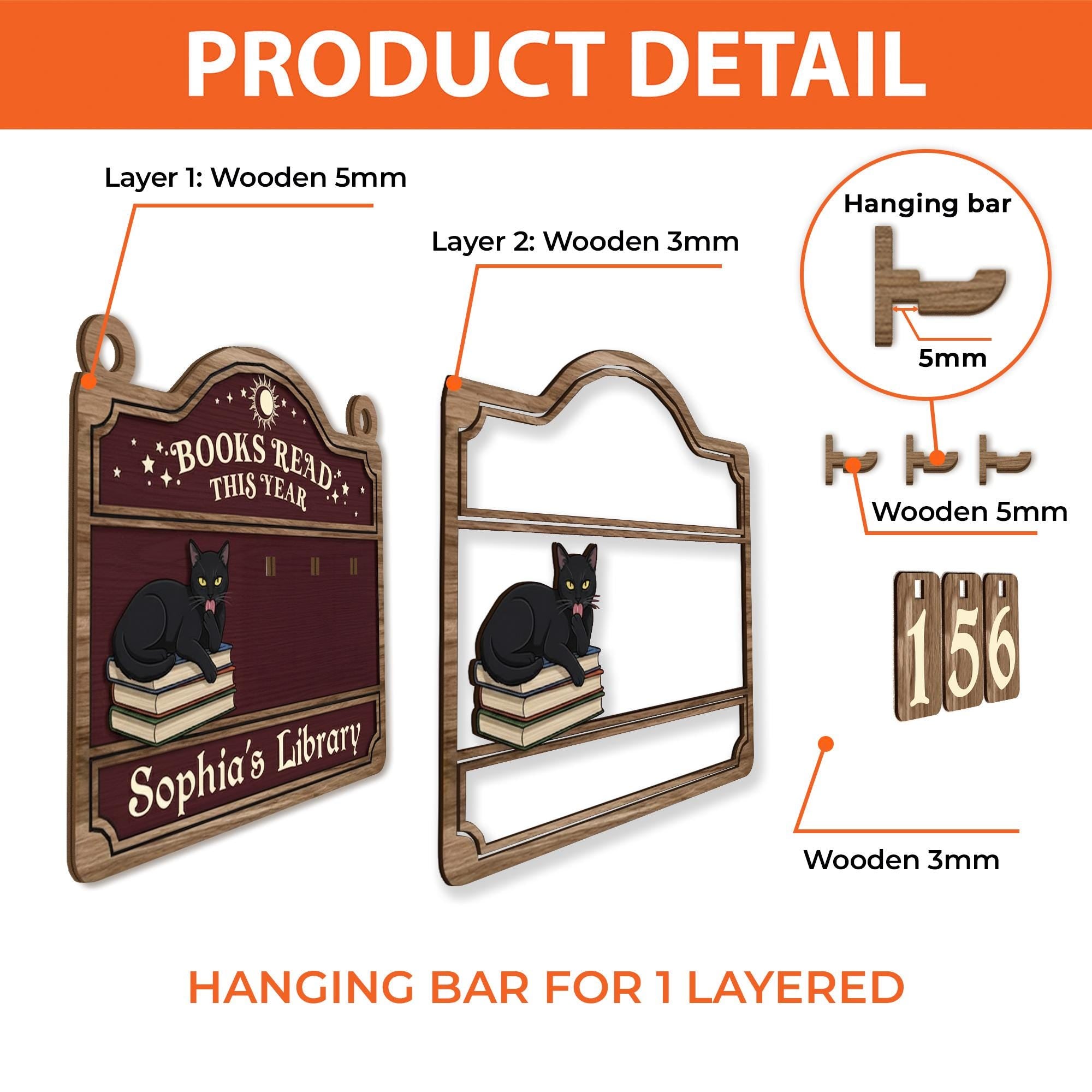 Personalized Wooden Book Tracker – Reading Log Display with Black Cat and Number Tiles image 8