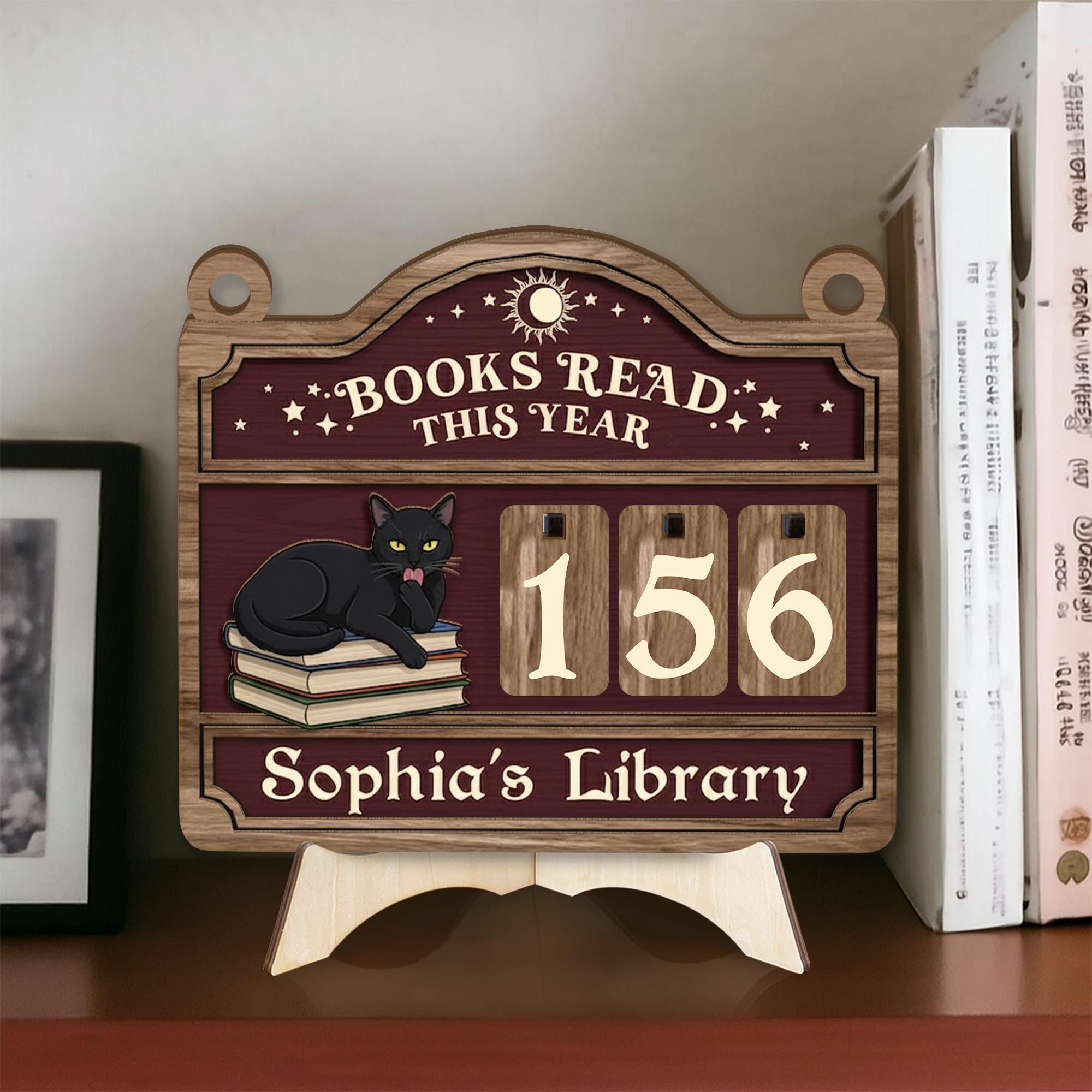 Personalized Wooden Book Tracker – Reading Log Display with Black Cat and Number Tiles image 5