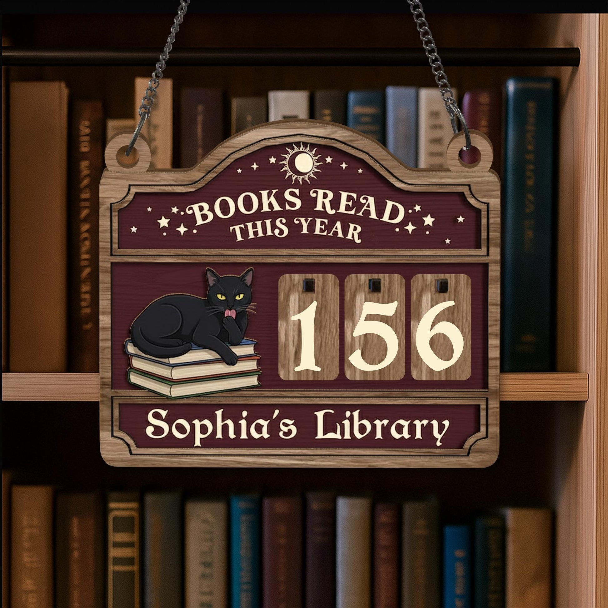 Personalized Wooden Book Tracker – Reading Log Display with Black Cat and Number Tiles image 3