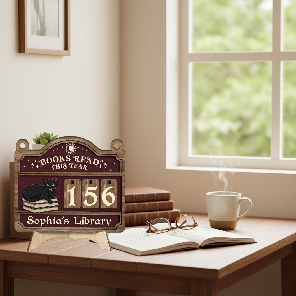 Personalized Wooden Book Tracker – Reading Log Display with Black Cat and Number Tiles image 4