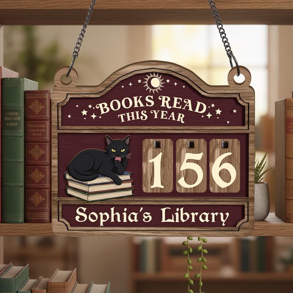 Personalized Wooden Book Tracker – Reading Log Display with Black Cat and Number Tiles image 2
