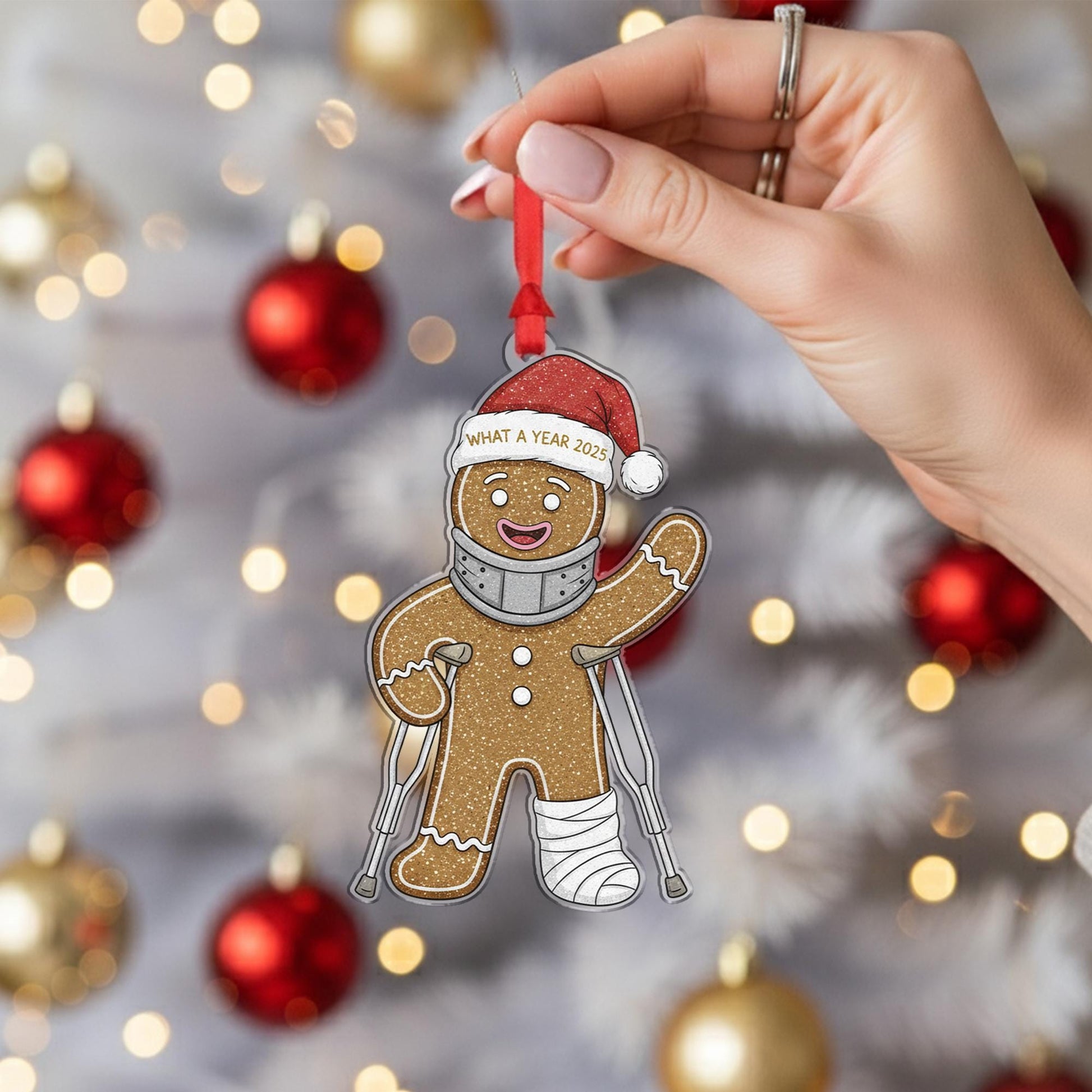 Acrylic Gingerbread Ornament – What a Year 2025 Design with Cast and Crutches image 2