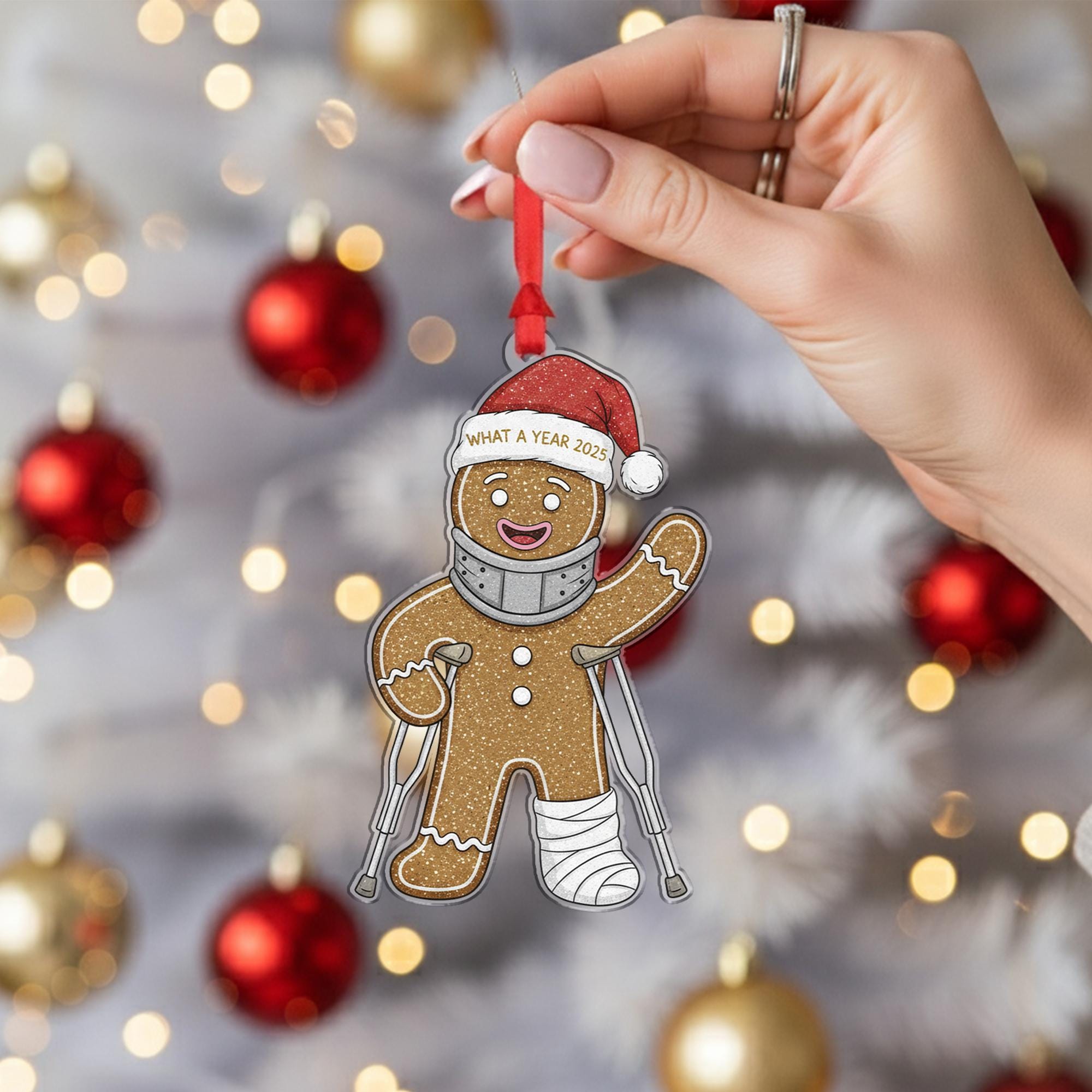 Acrylic Gingerbread Ornament – What a Year 2025 Design with Cast and Crutches image 2