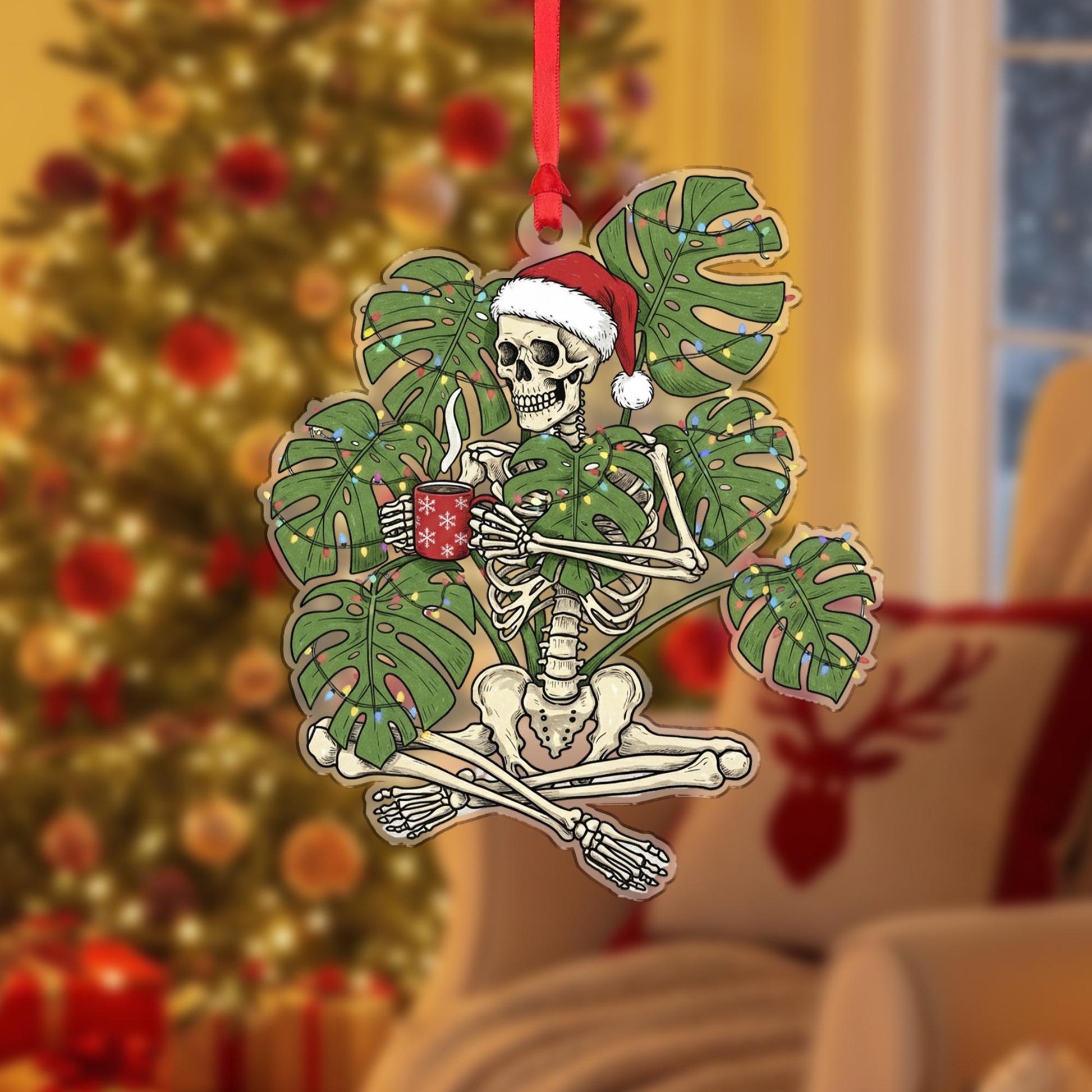 Acrylic Skeleton Ornament – Santa Hat Design with Monstera Leaves and Holiday Theme image 6