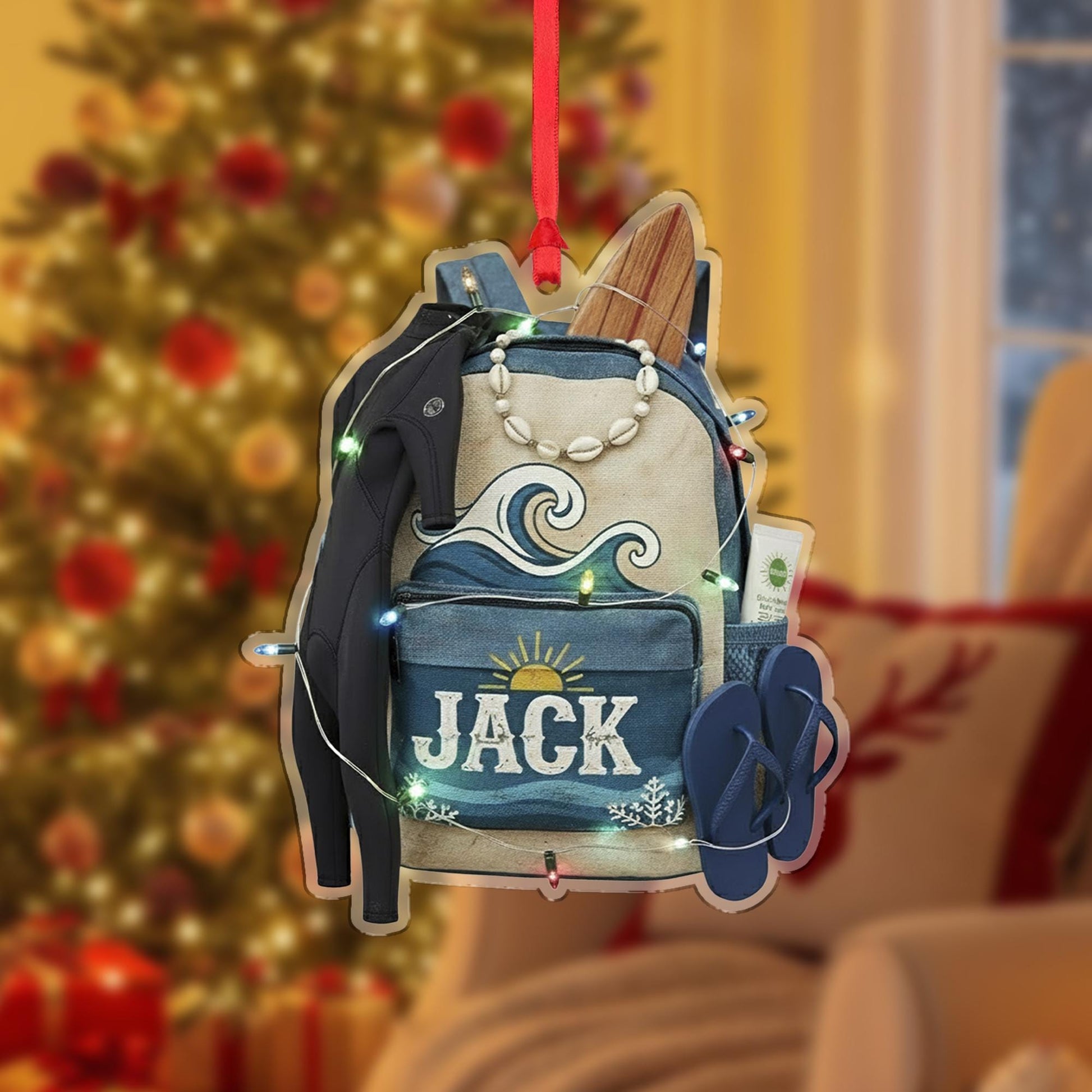 Custom Beach Backpack Ornament – Personalized Surfer Gift, Ocean Travel Keepsake image 3