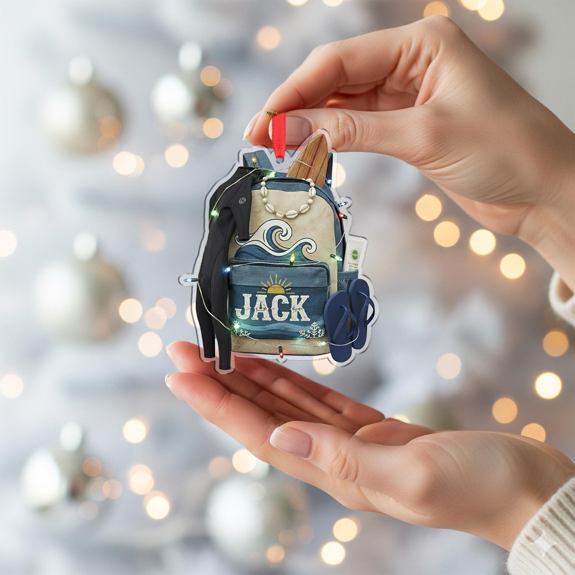 Custom Beach Backpack Ornament – Personalized Surfer Gift, Ocean Travel Keepsake image 4