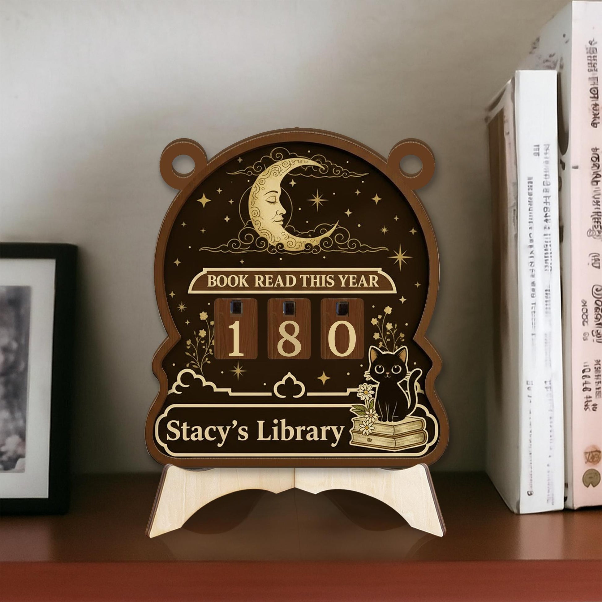 Custom Black Cat Book Tracker Sign – Reading Goal Counter Gift for Book Lovers image 1