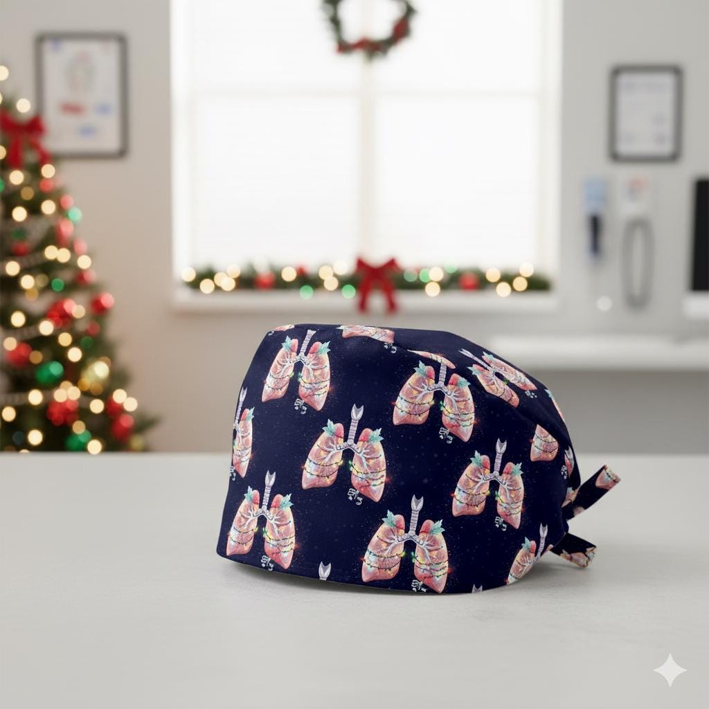 Anatomical Lungs Christmas Scrub Cap – Personalized Holiday Nurse Surgical Hat image 2