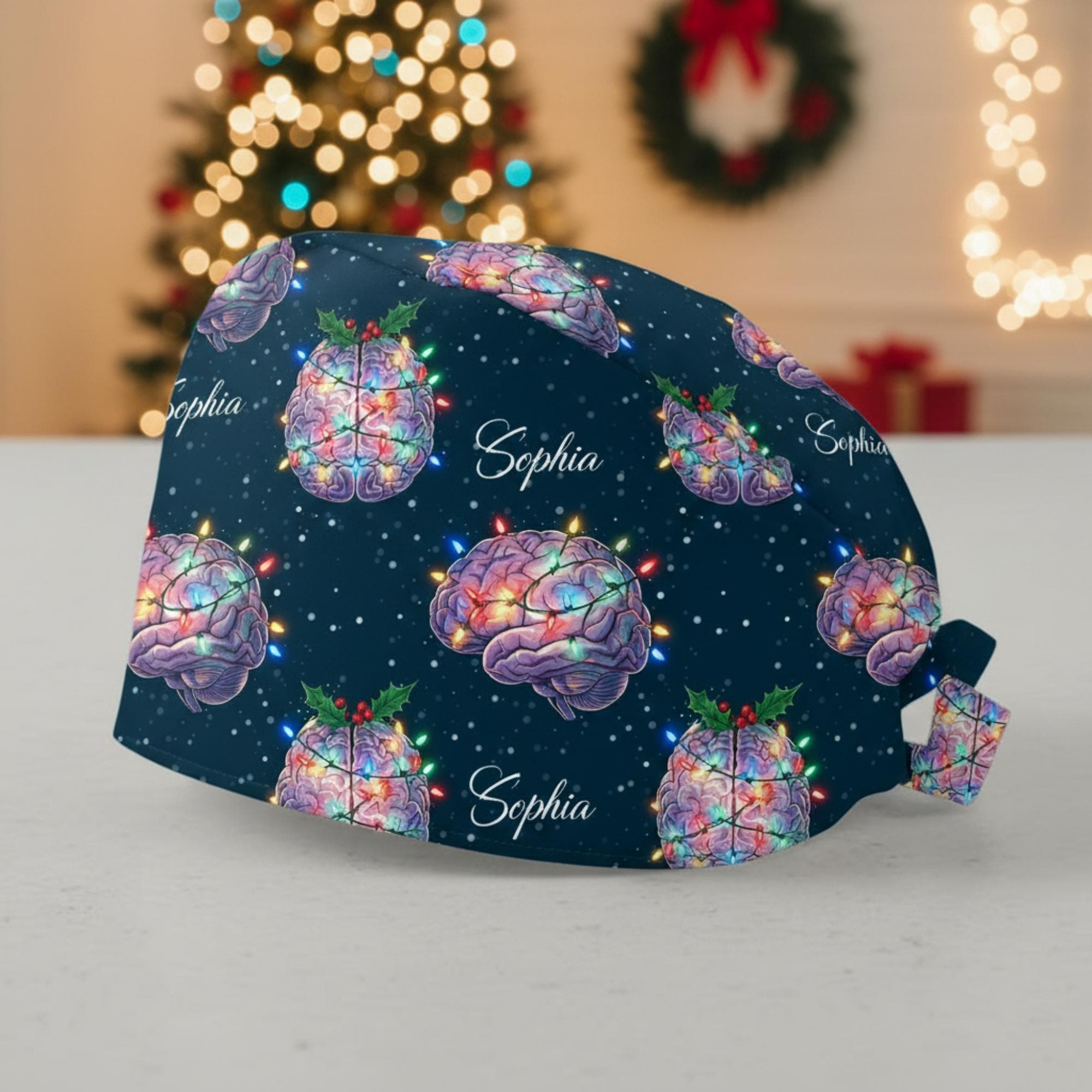 Anatomical Brain Christmas Scrub Cap – Personalized Holiday Nurse Surgical Hat image 1