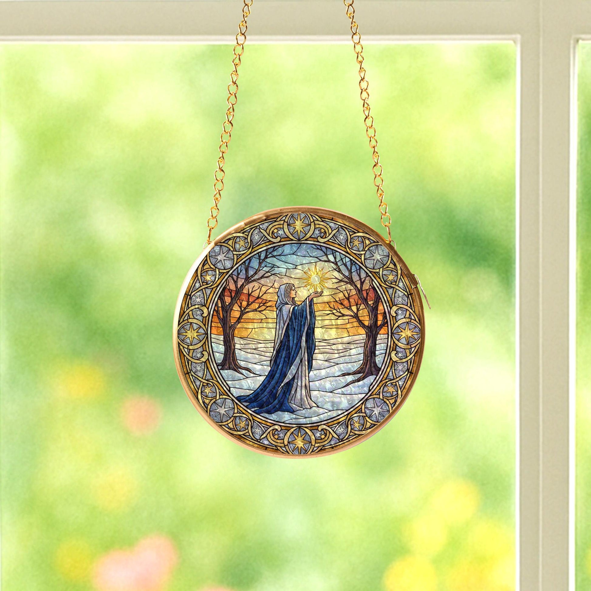 Winter Solstice Witch Glass Suncatcher – Gold Frame Pagan Yule Window Hanging Decor image 6