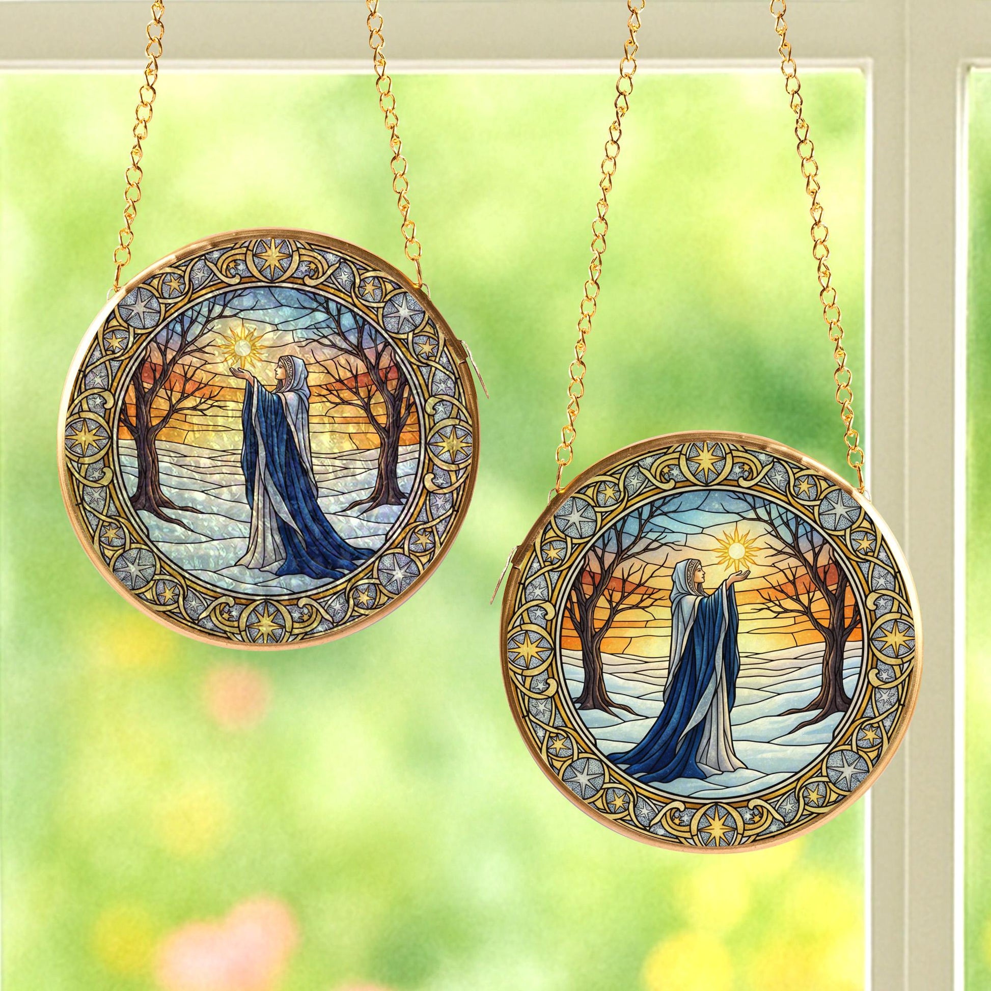 Winter Solstice Witch Glass Suncatcher – Gold Frame Pagan Yule Window Hanging Decor image 4