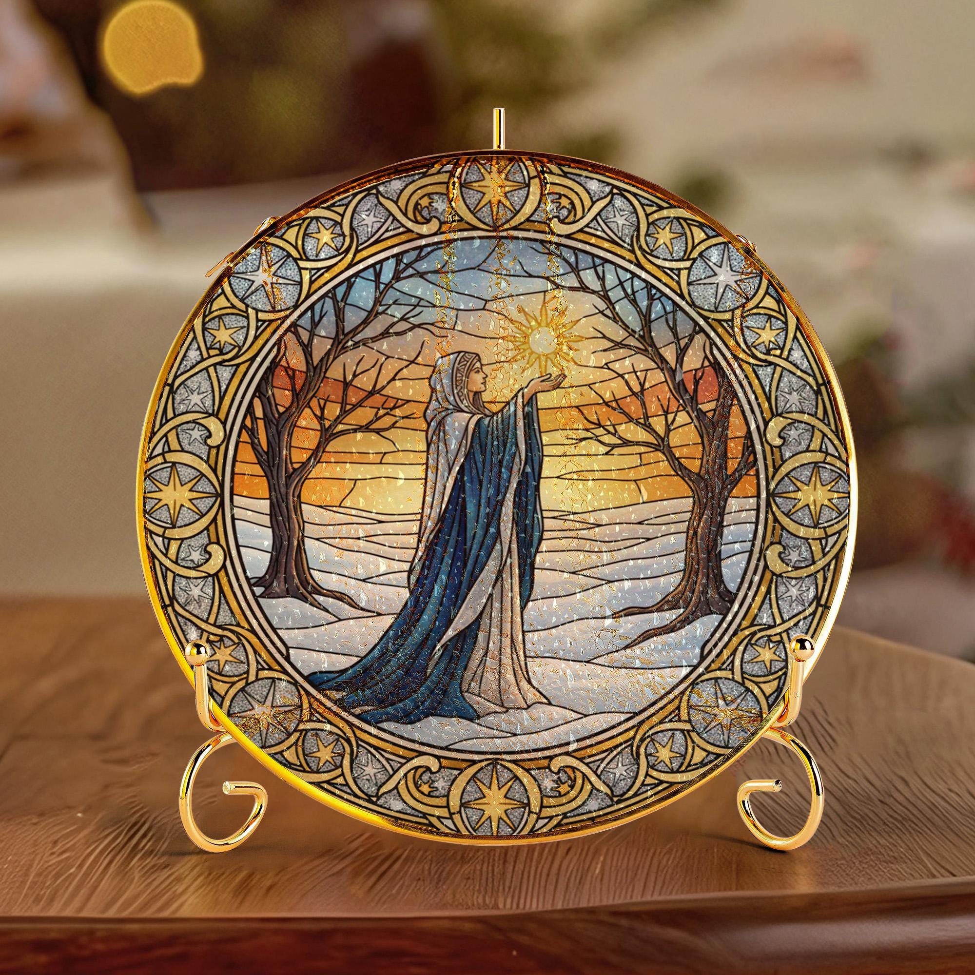 Winter Solstice Witch Glass Suncatcher – Gold Frame Pagan Yule Window Hanging Decor WITH STAND