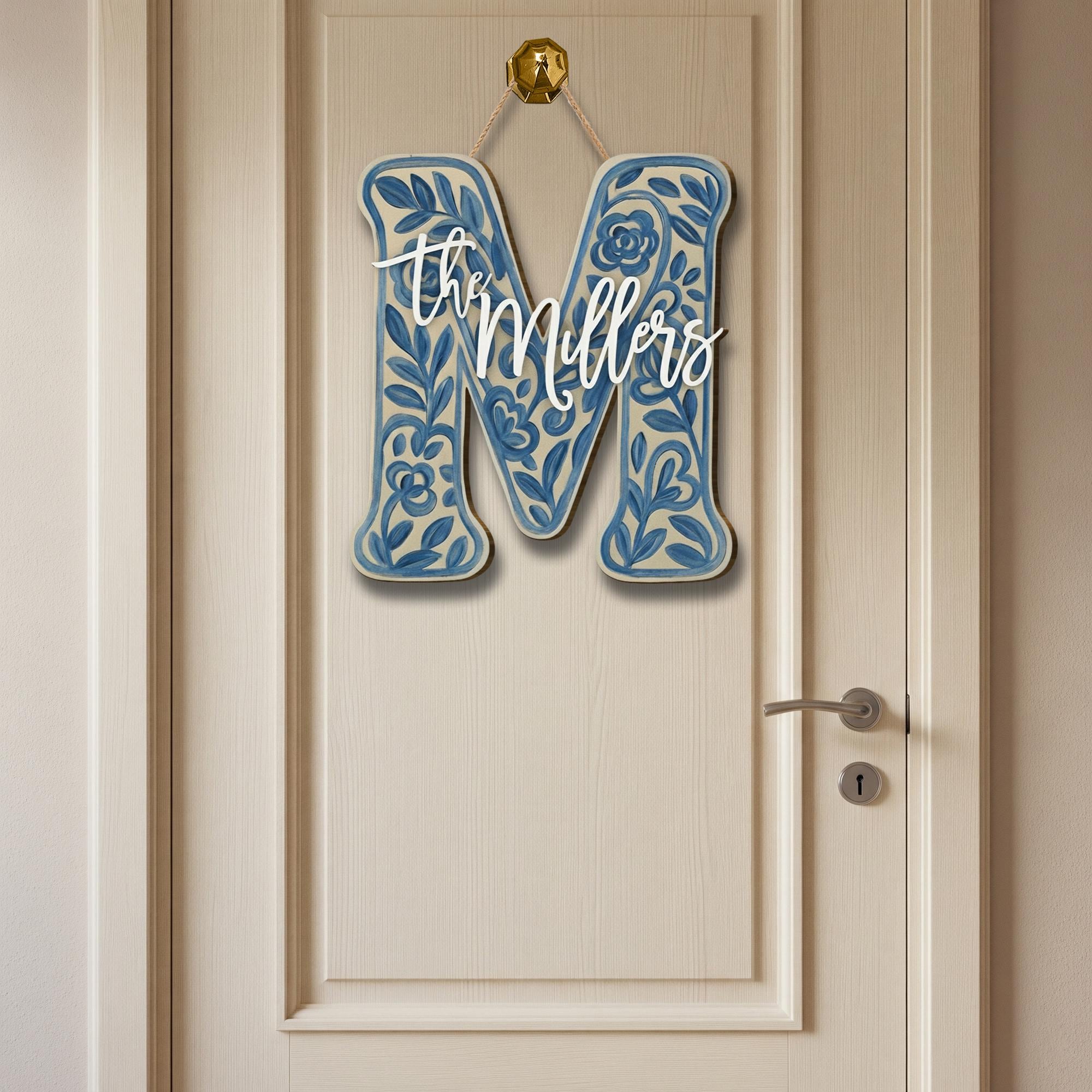 Custom Chinoiserie Monogram Wooden Sign: Personalized Blue Floral Initial Home Sign image 3