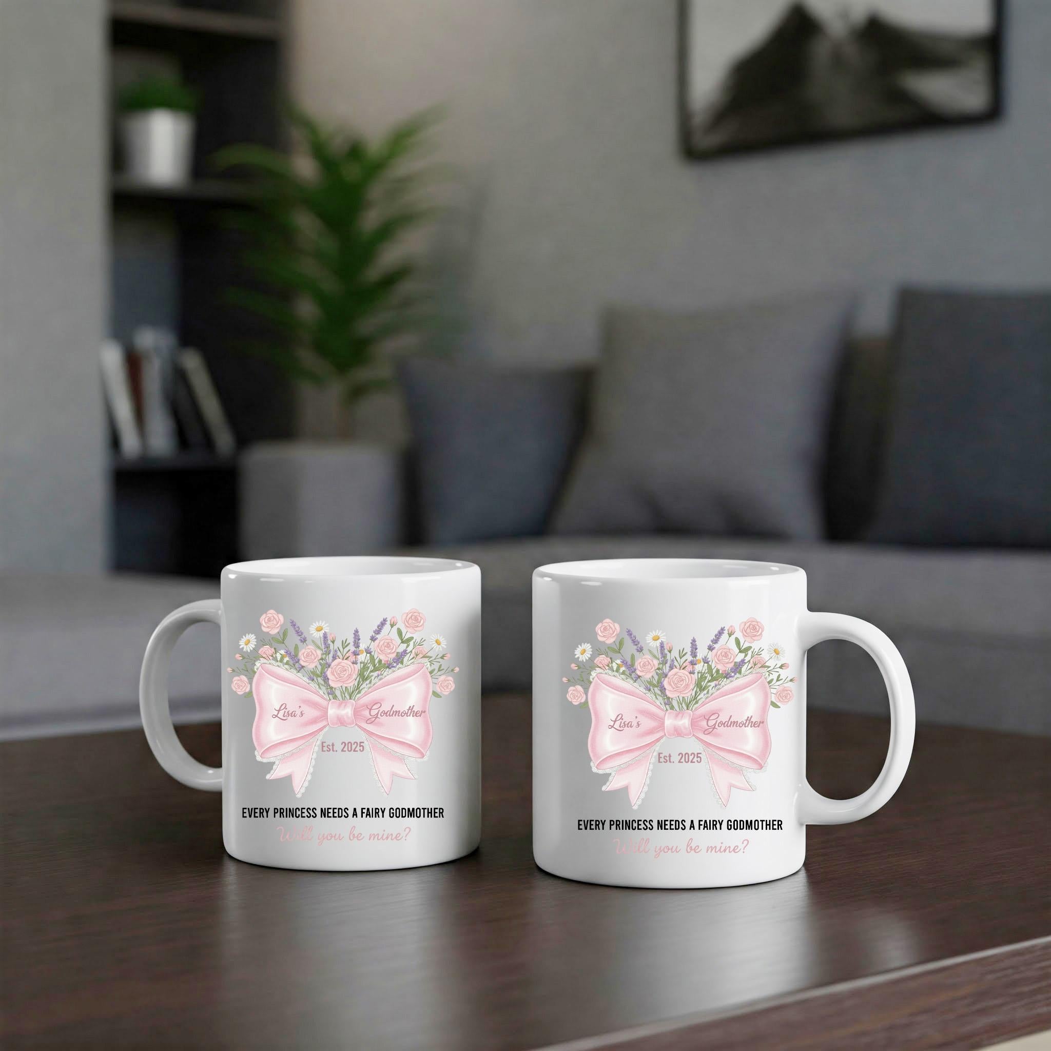 Personalized Godmother Mug: Godmother Proposal with Black Ceramic, Floral Bow, Custom Name & Year image 2
