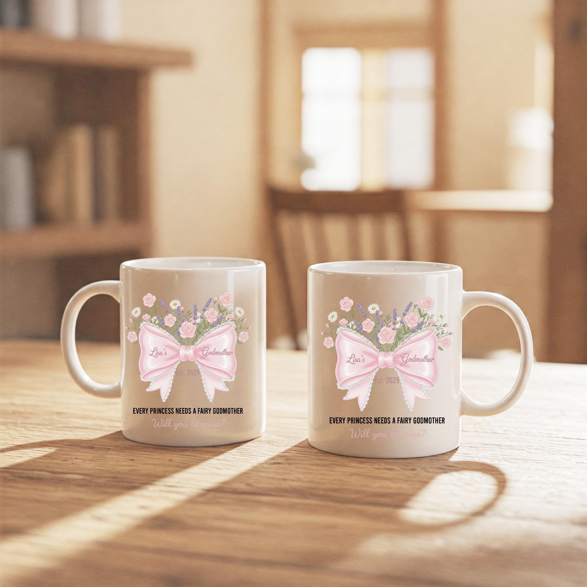 Personalized Godmother Mug: Godmother Proposal with Black Ceramic, Floral Bow, Custom Name & Year image 1