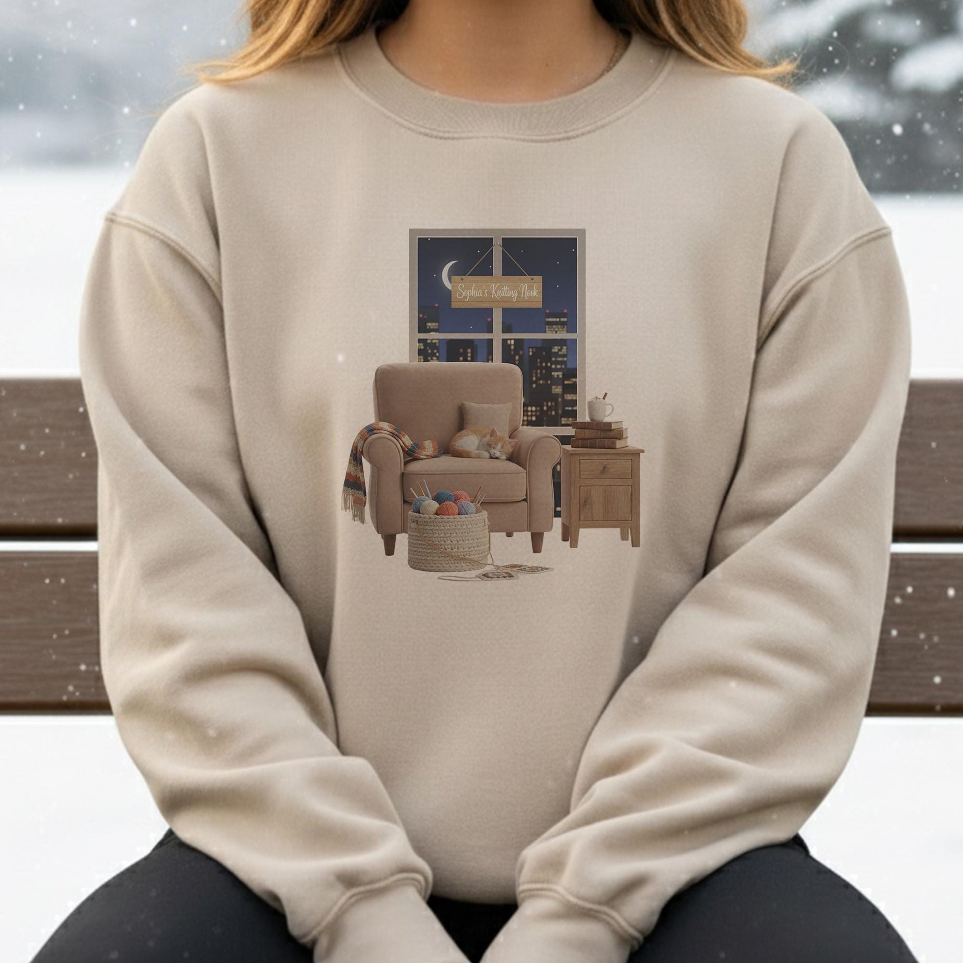 Personalized Sweatshirt: Knitter's Nook Graphic with Custom Name Sign, Black Crewneck, Sleeping Cat image 4