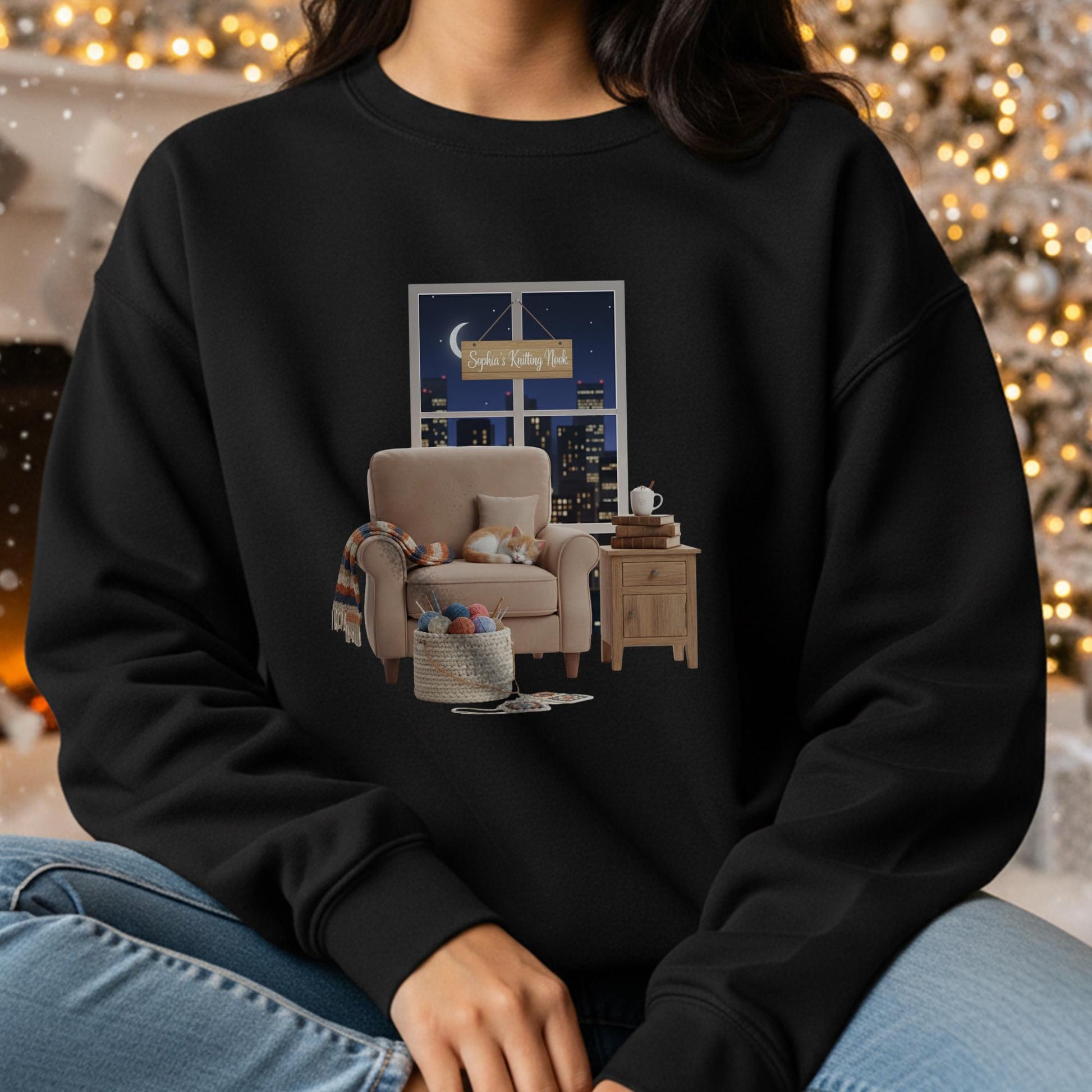 Personalized Sweatshirt: Knitter's Nook Graphic with Custom Name Sign, Black Crewneck, Sleeping Cat image 2