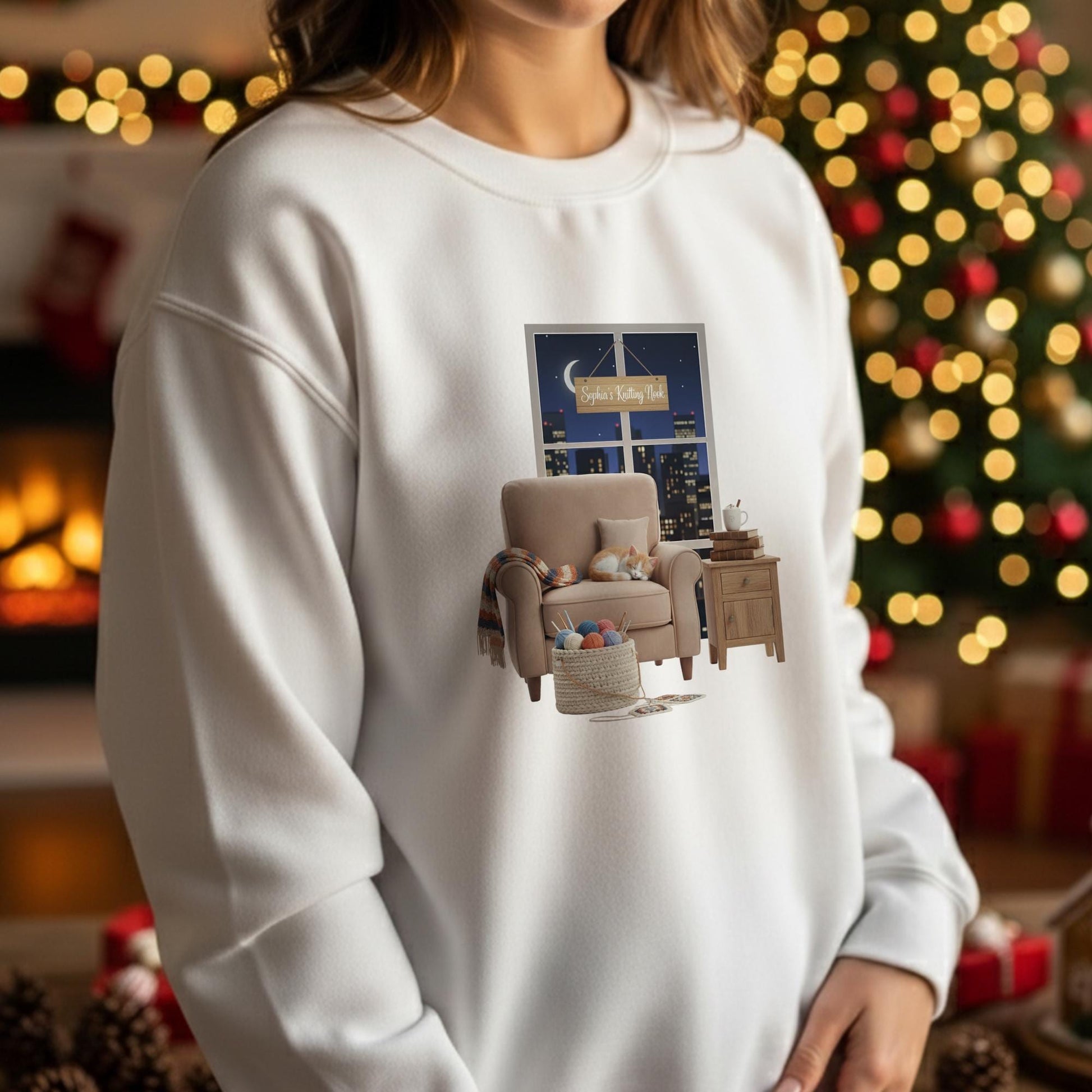 Personalized Sweatshirt: Knitter's Nook Graphic with Custom Name Sign, Black Crewneck, Sleeping Cat image 7