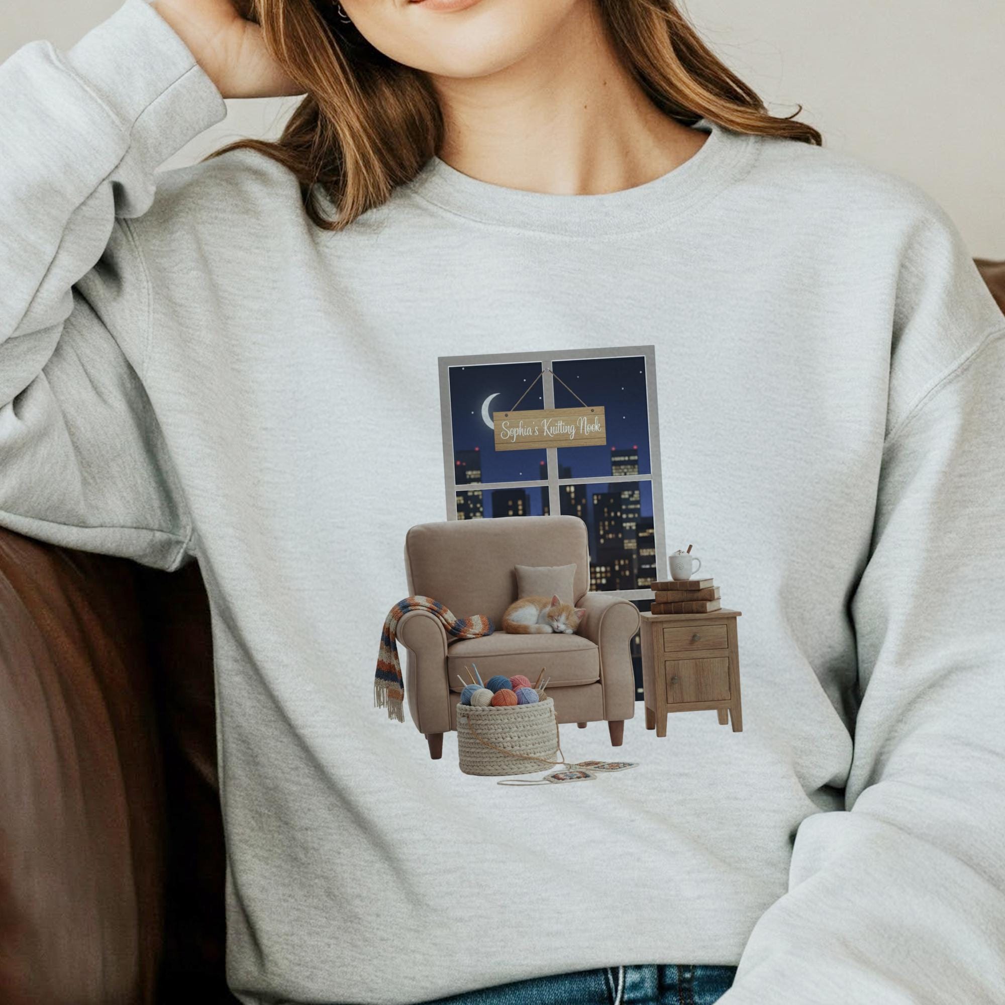 Personalized Sweatshirt: Knitter's Nook Graphic with Custom Name Sign, Black Crewneck, Sleeping Cat image 5