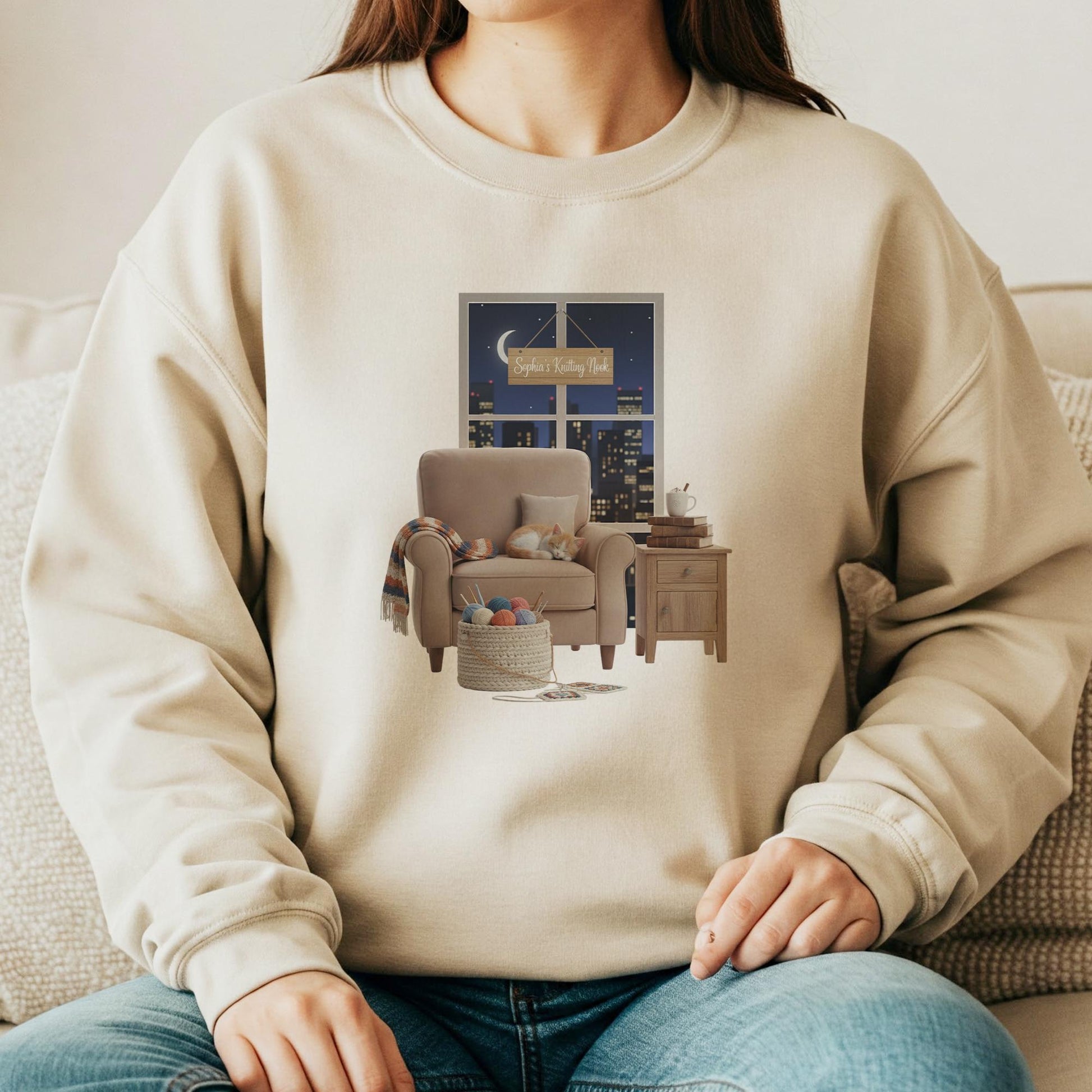 Personalized Sweatshirt: Knitter's Nook Graphic with Custom Name Sign, Black Crewneck, Sleeping Cat image 3