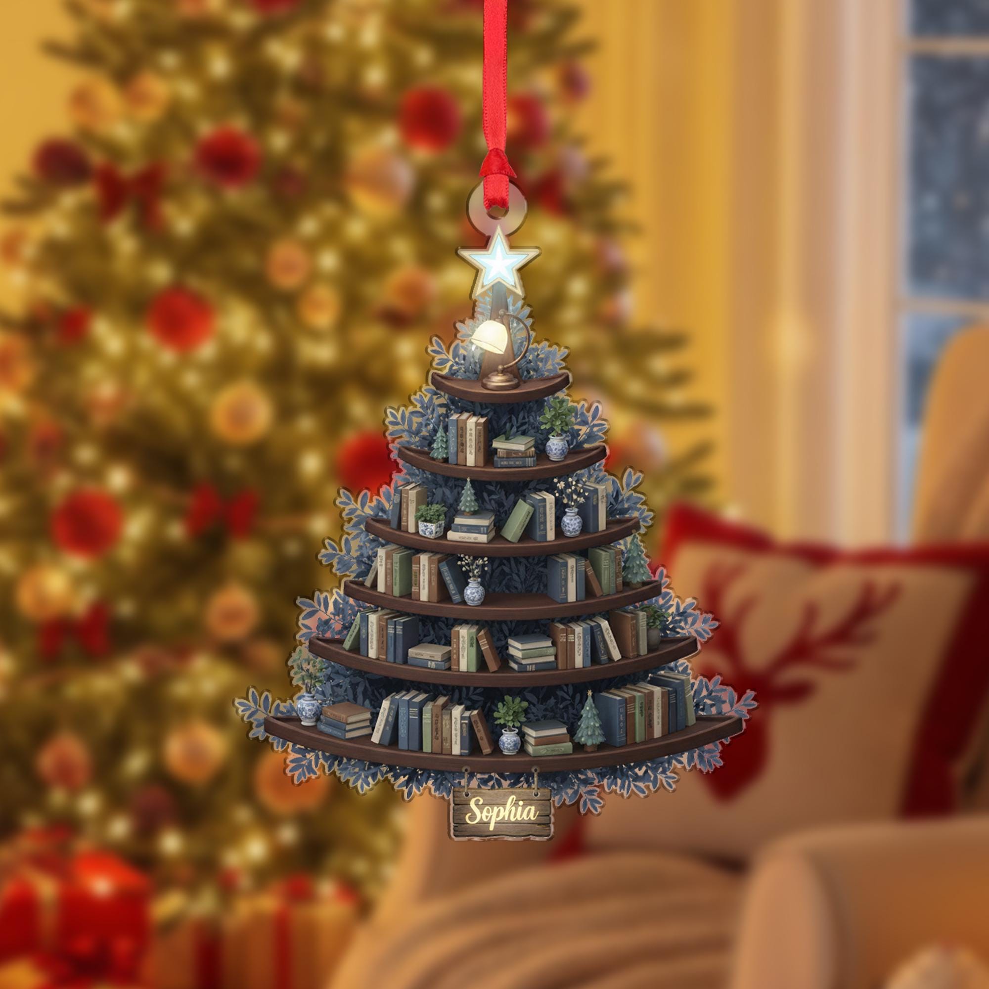 Personalized Book Tree Ornament: Acrylic Christmas Shape with Bookshelf, Chinoiserie Vases, Custom Name Sign image 2