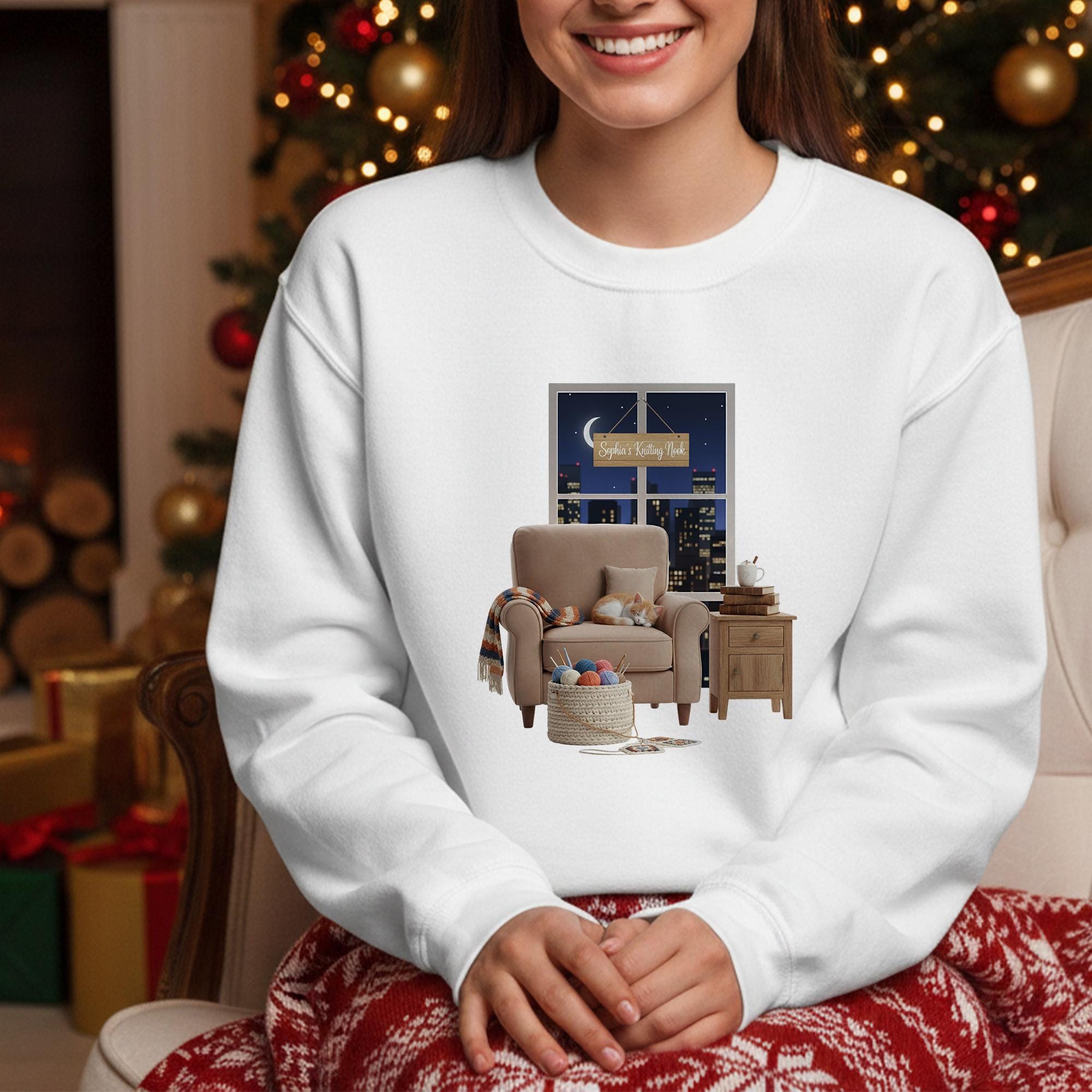 Personalized Sweatshirt: Knitter's Nook Graphic with Custom Name Sign, Black Crewneck, Sleeping Cat image 12