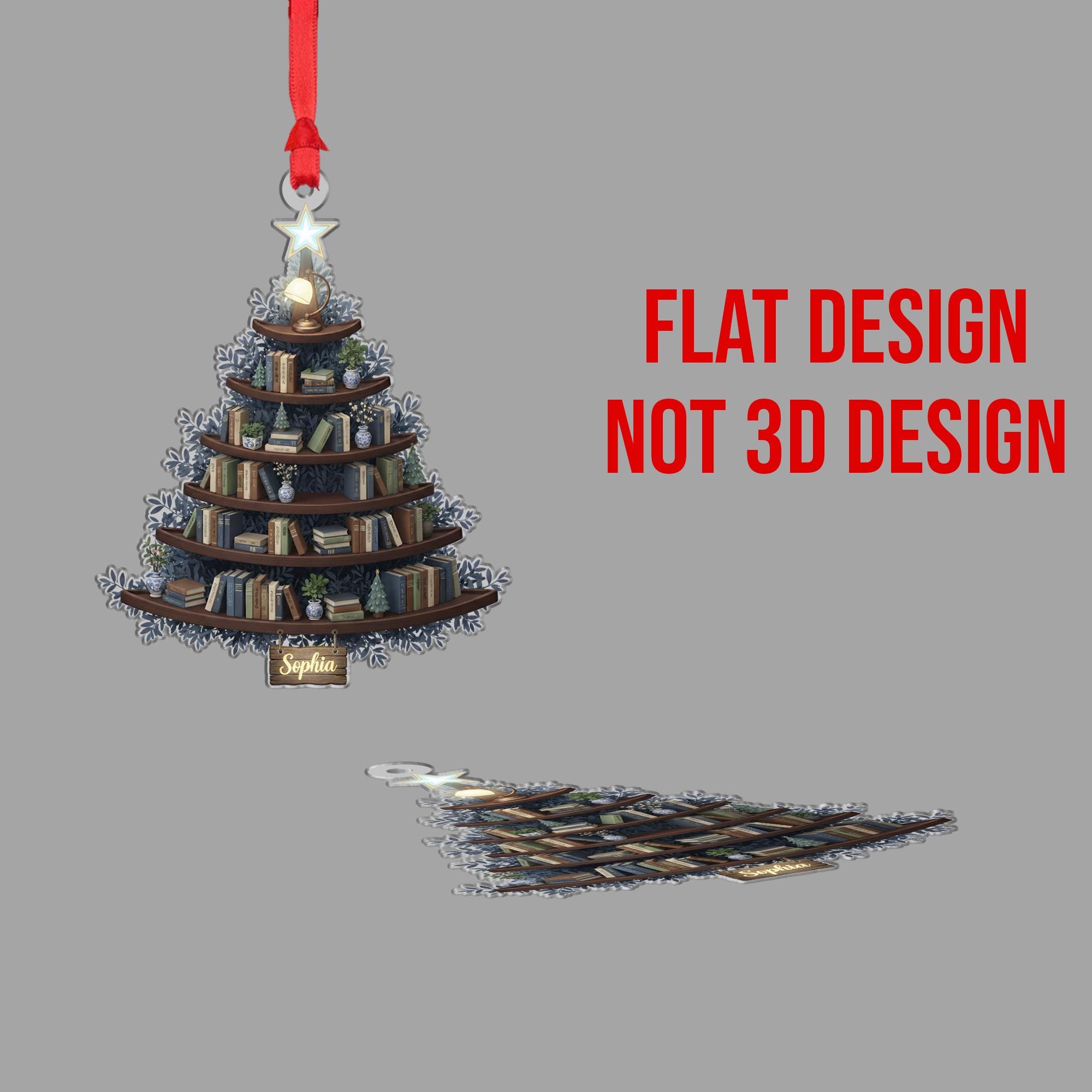 Personalized Book Tree Ornament: Acrylic Christmas Shape with Bookshelf, Chinoiserie Vases, Custom Name Sign image 3