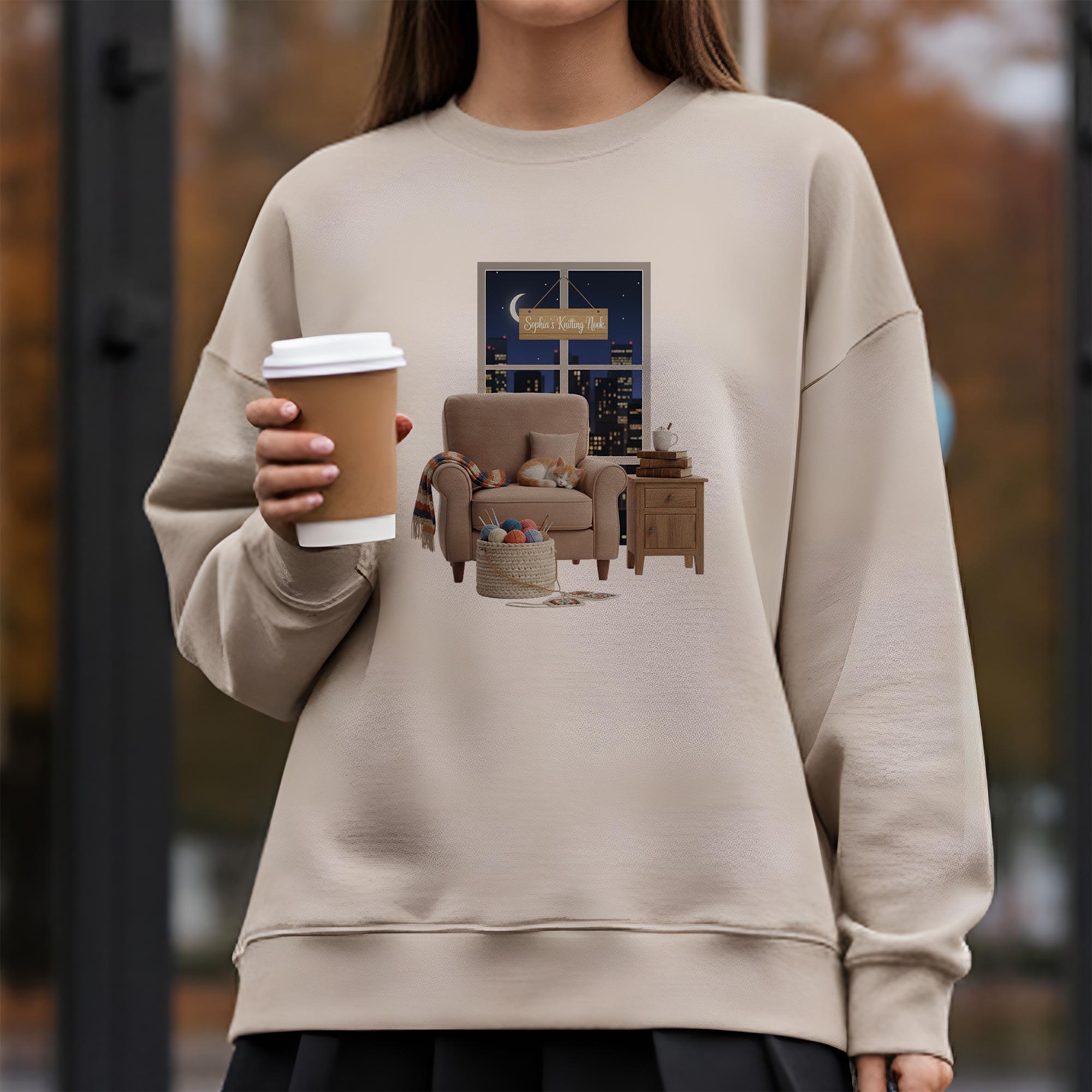 Personalized Sweatshirt: Knitter's Nook Graphic with Custom Name Sign, Black Crewneck, Sleeping Cat image 11