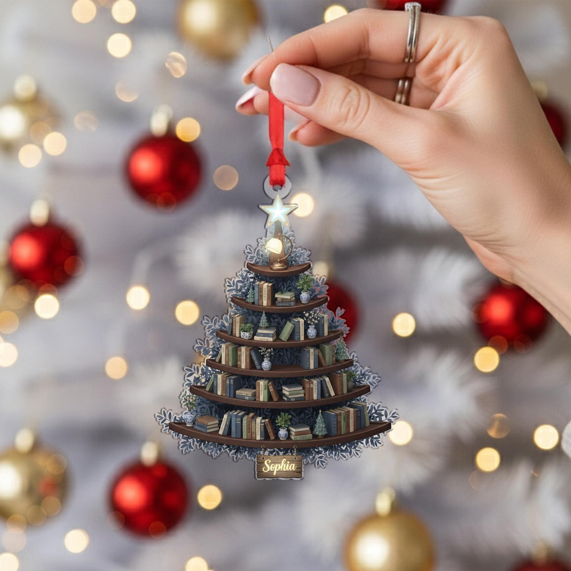 Personalized Book Tree Ornament: Acrylic Christmas Shape with Bookshelf, Chinoiserie Vases, Custom Name Sign image 6