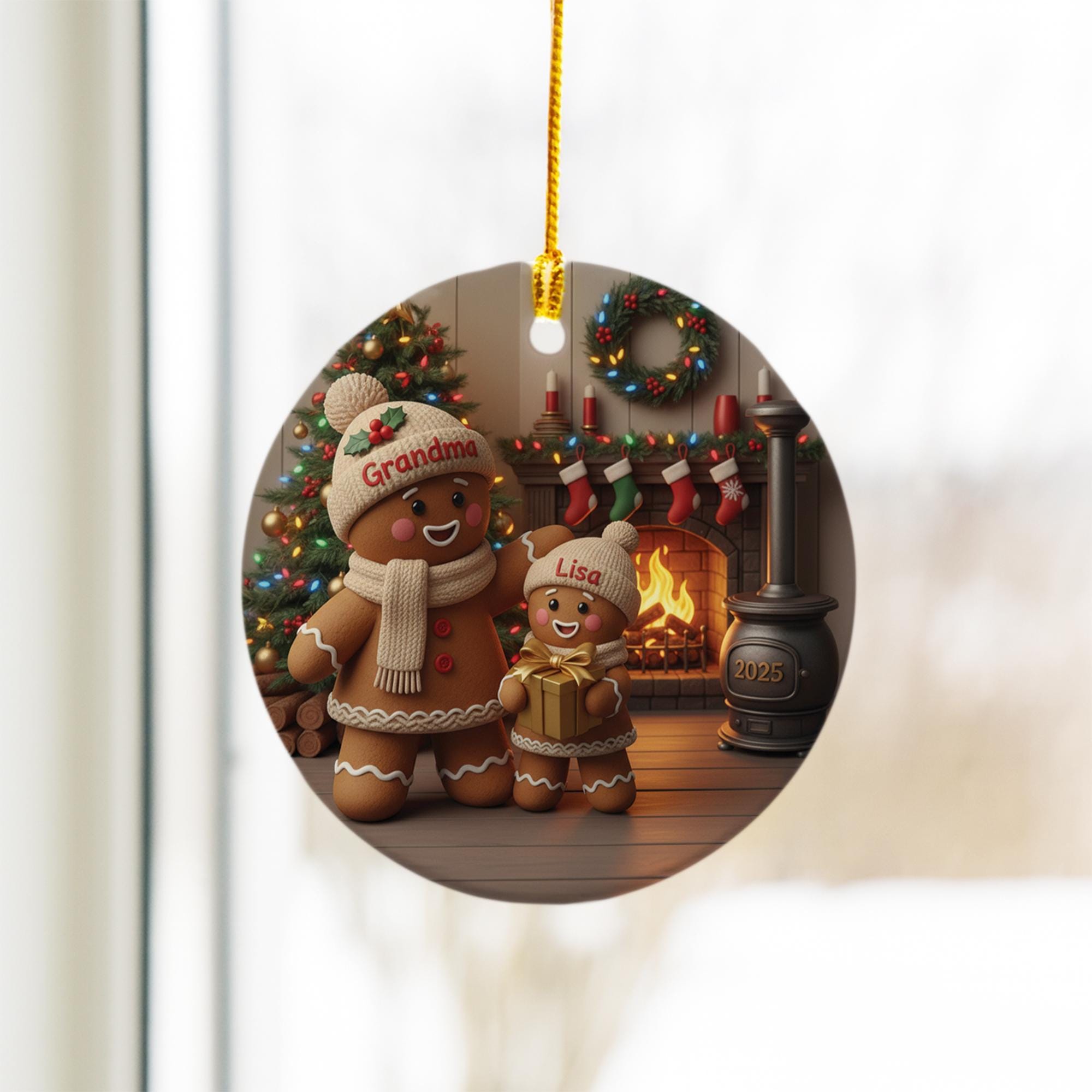 Personalized Gingerbread Ornament: Ceramic Round Keepsake with Grandma & Grandchild, Custom Names, Fireplace Scene, 2025 image 3