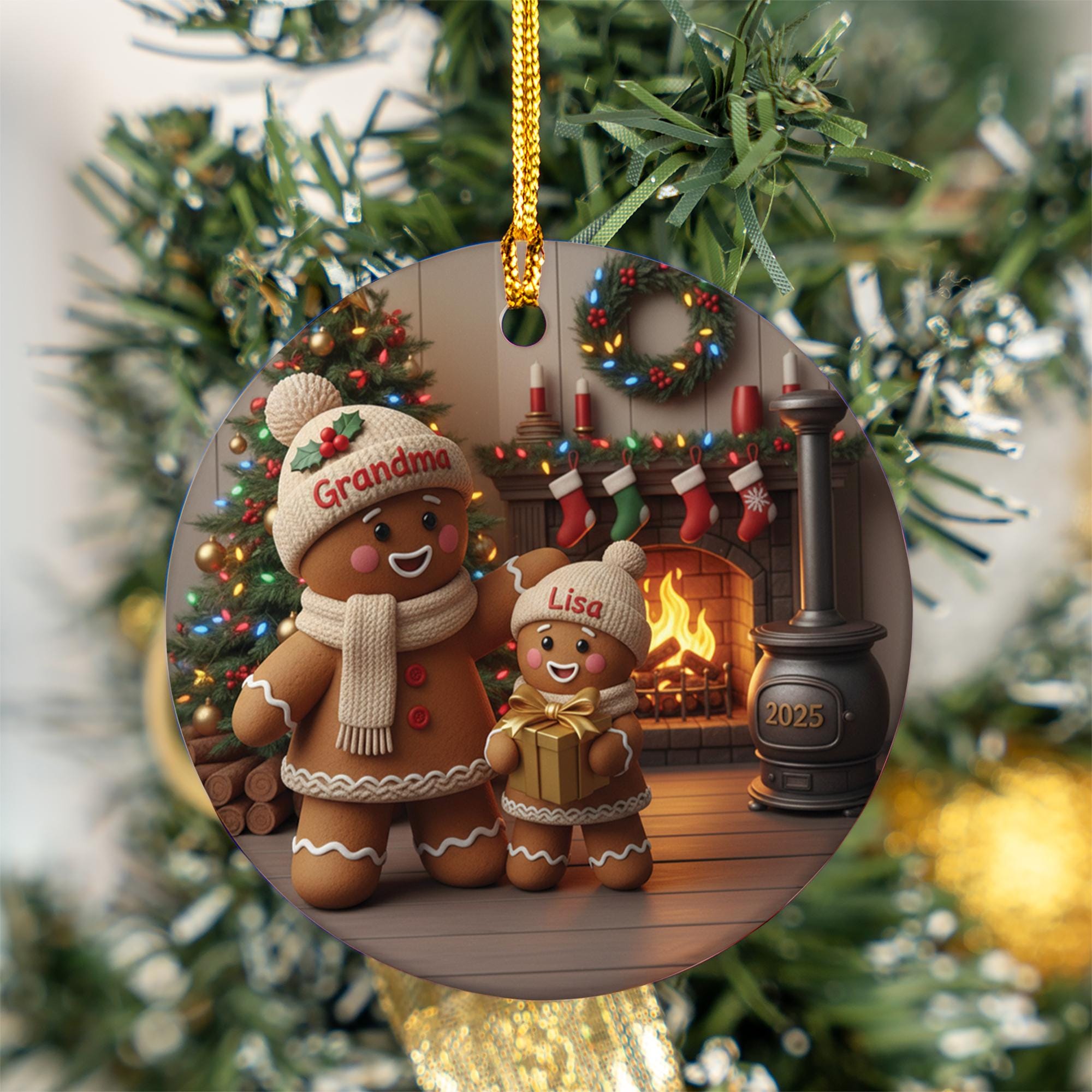 Personalized Gingerbread Ornament: Ceramic Round Keepsake with Grandma & Grandchild, Custom Names, Fireplace Scene, 2025 image 5