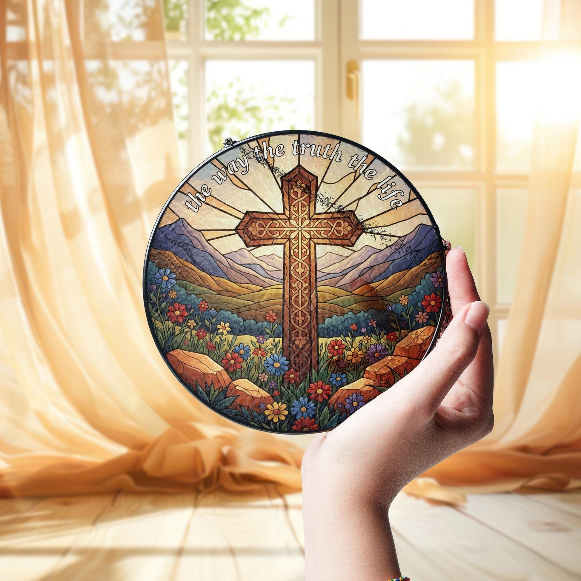 Glass Suncatcher: Christian Cross Decor with "The Way The Truth The Life", Round, Mountain Landscape image 2