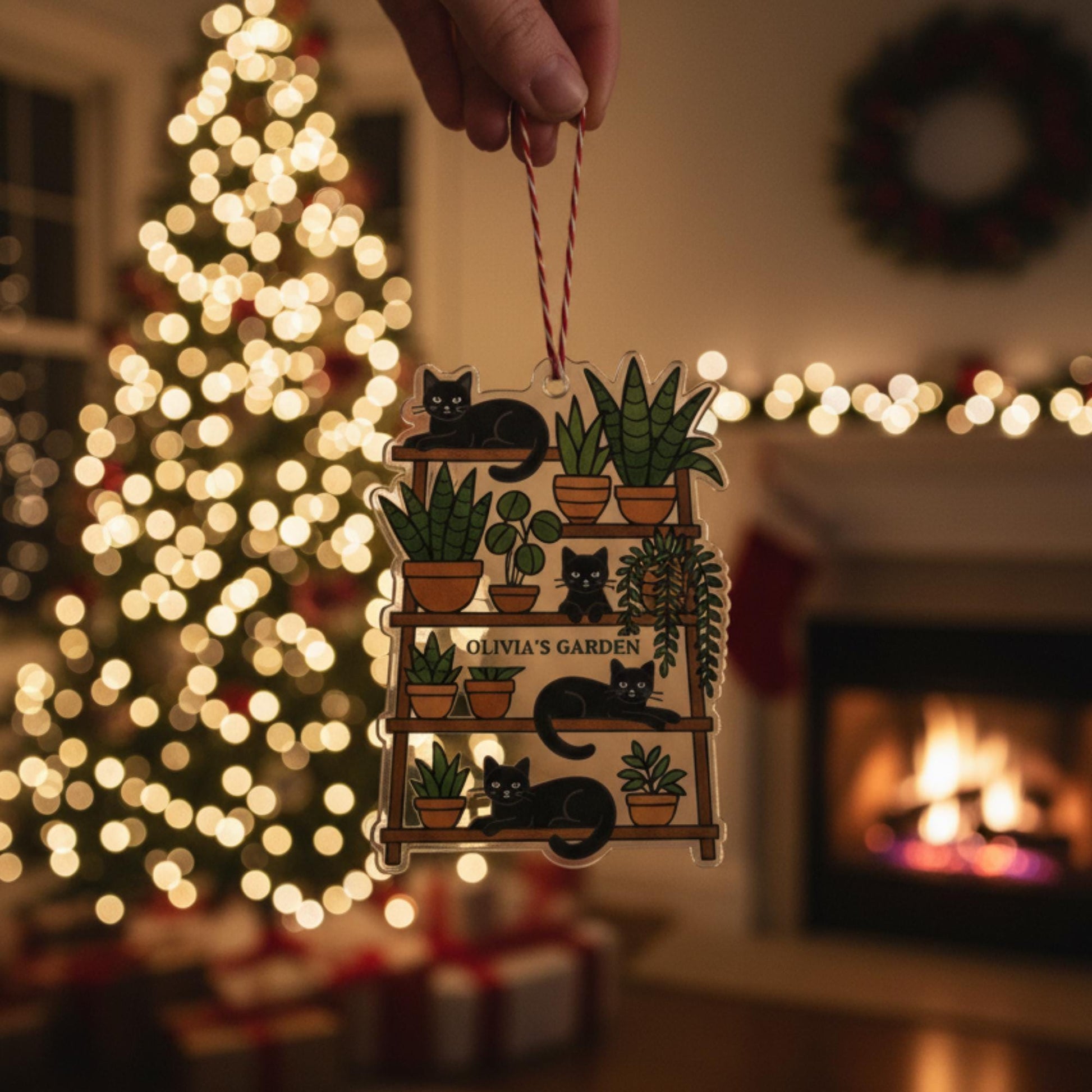 Custom Cat and Plant Ornament – Personalized Black Cat Houseplant Acrylic Christmas Decor image 4