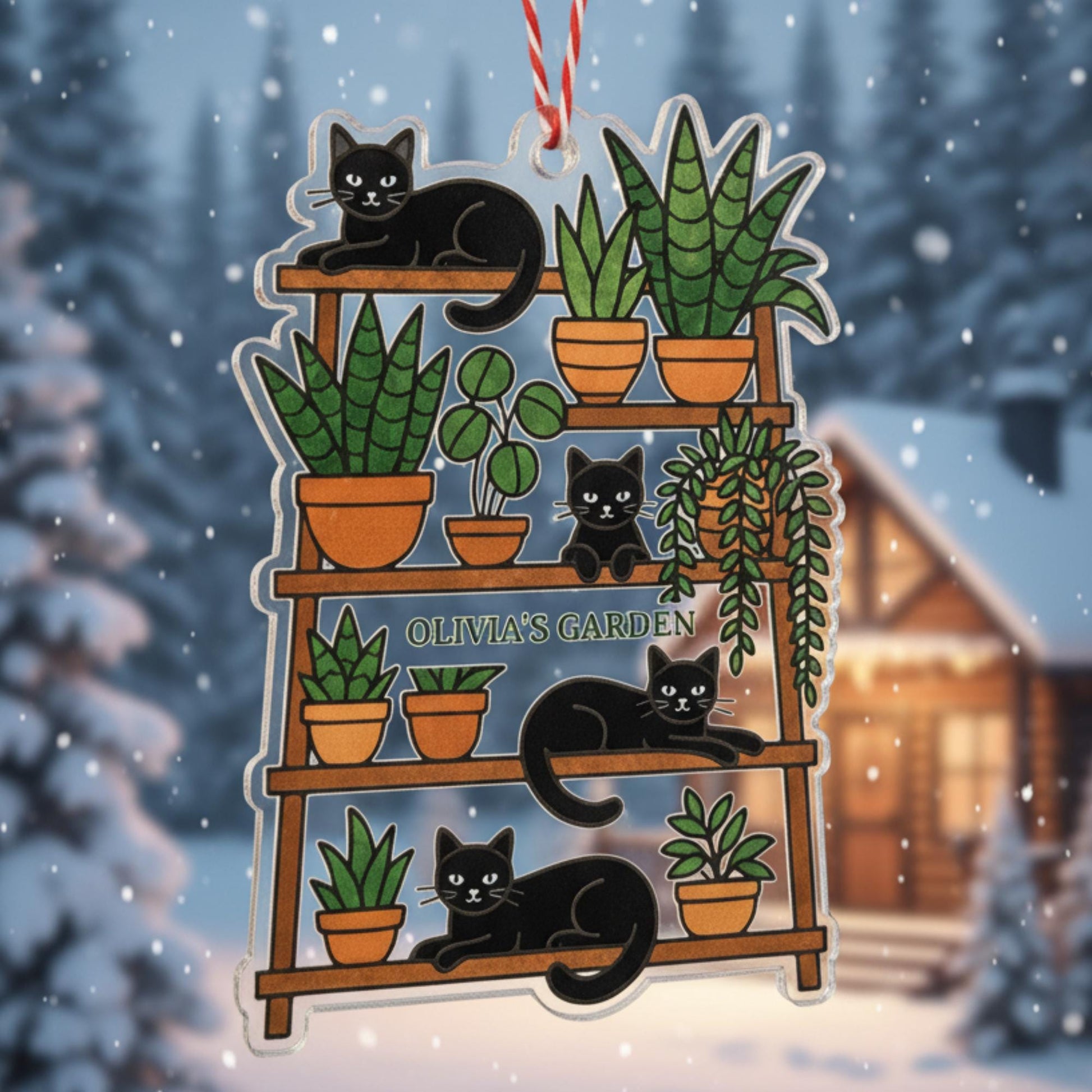 Custom Cat and Plant Ornament – Personalized Black Cat Houseplant Acrylic Christmas Decor image 3